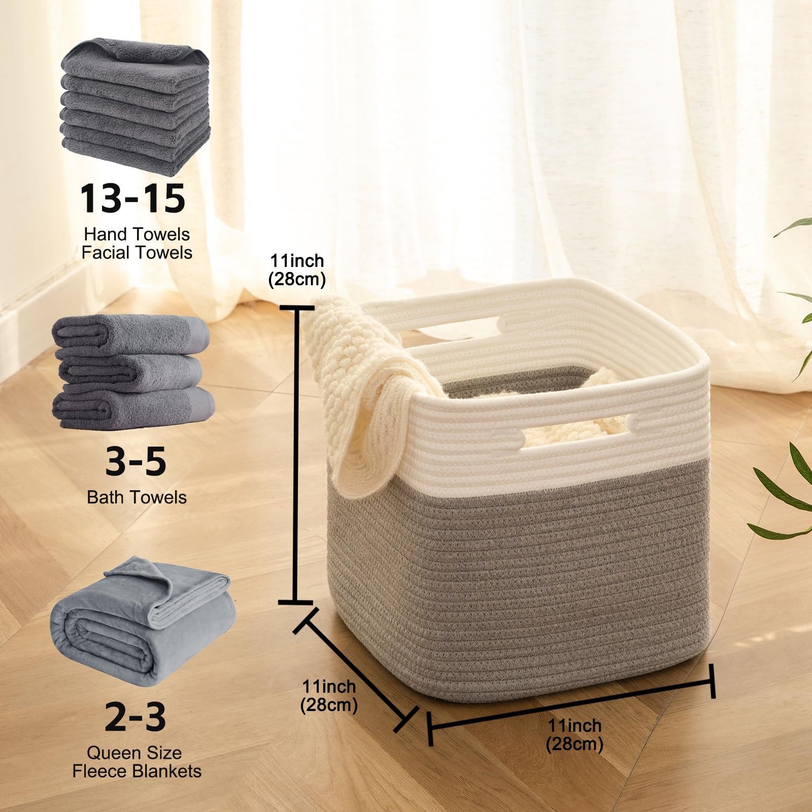 11 Inch Cotton Rope Storage Cubes - 3-Pack Woven Organizing Baskets for Shelves, Closet & Nursery | Grey Square Storage Bins - Perfect for Home Organization, Baby Room & Closet Storage