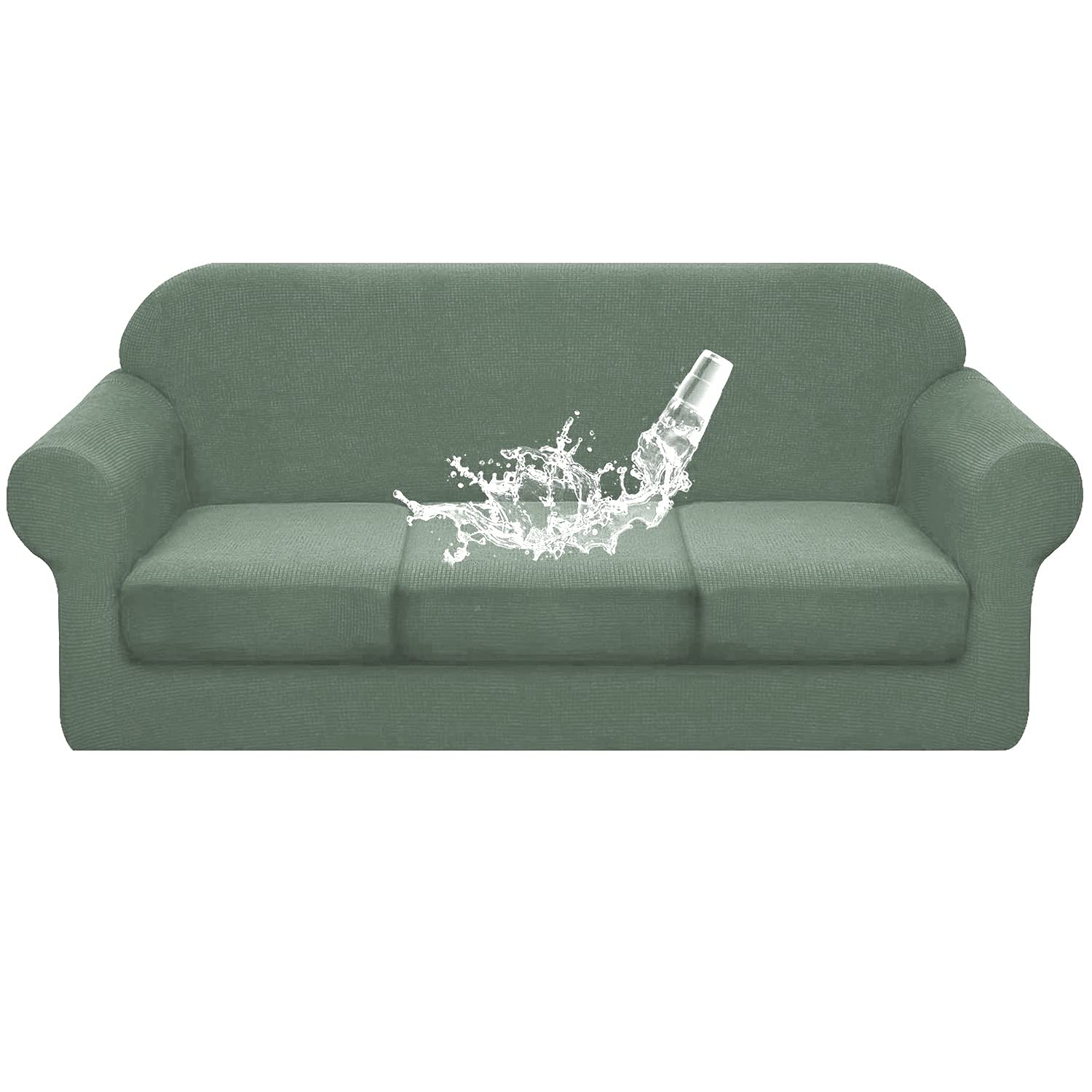 ZYXFYY Waterproof Sofa Slipcover - Pure Color 4-Seater Couch Cover with 3 Seat Cushion Protectors | Bean Green | Furniture Protector for Living Room, Family Room & Pet-Friendly Homes