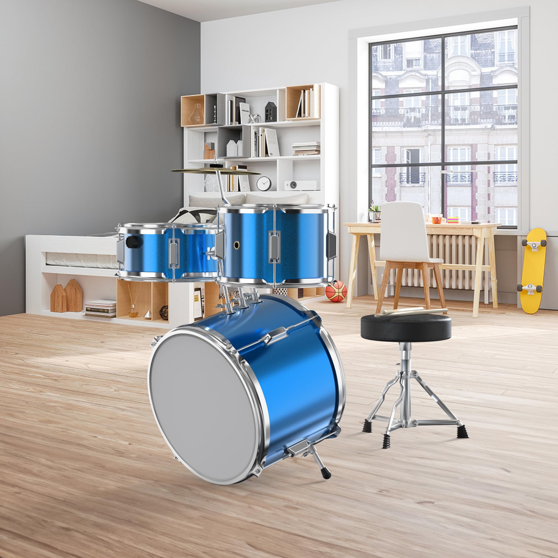 **Kids Drum Set - 4-Piece Junior Drum Kit with Bass, Tom, Snare & Cymbal, Drumsticks & Throne - Beginner Drum Set for Children & Toddlers (Sky Blue) - Perfect for Home Play, Birthday Gifts & Music Learning**