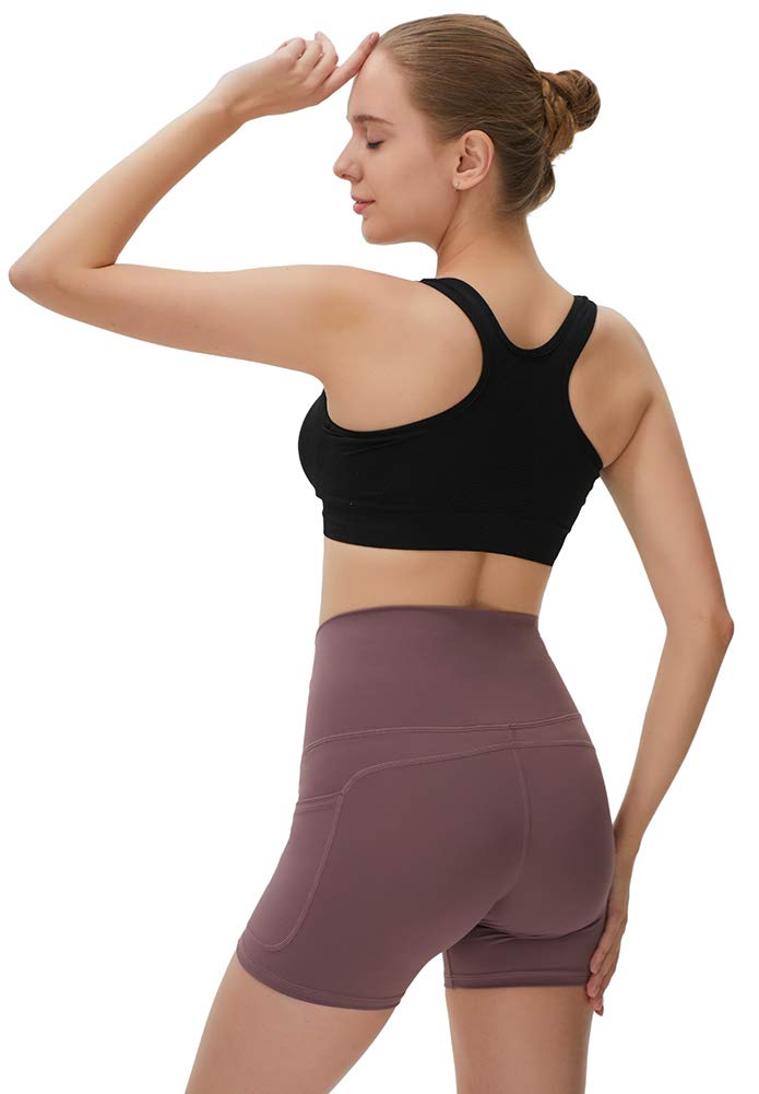 YAKER High Waist Yoga Shorts for Women - 2 Side Pockets & Waistband Pocket - Tummy Control Workout Shorts for Running, Home Exercise & Yoga