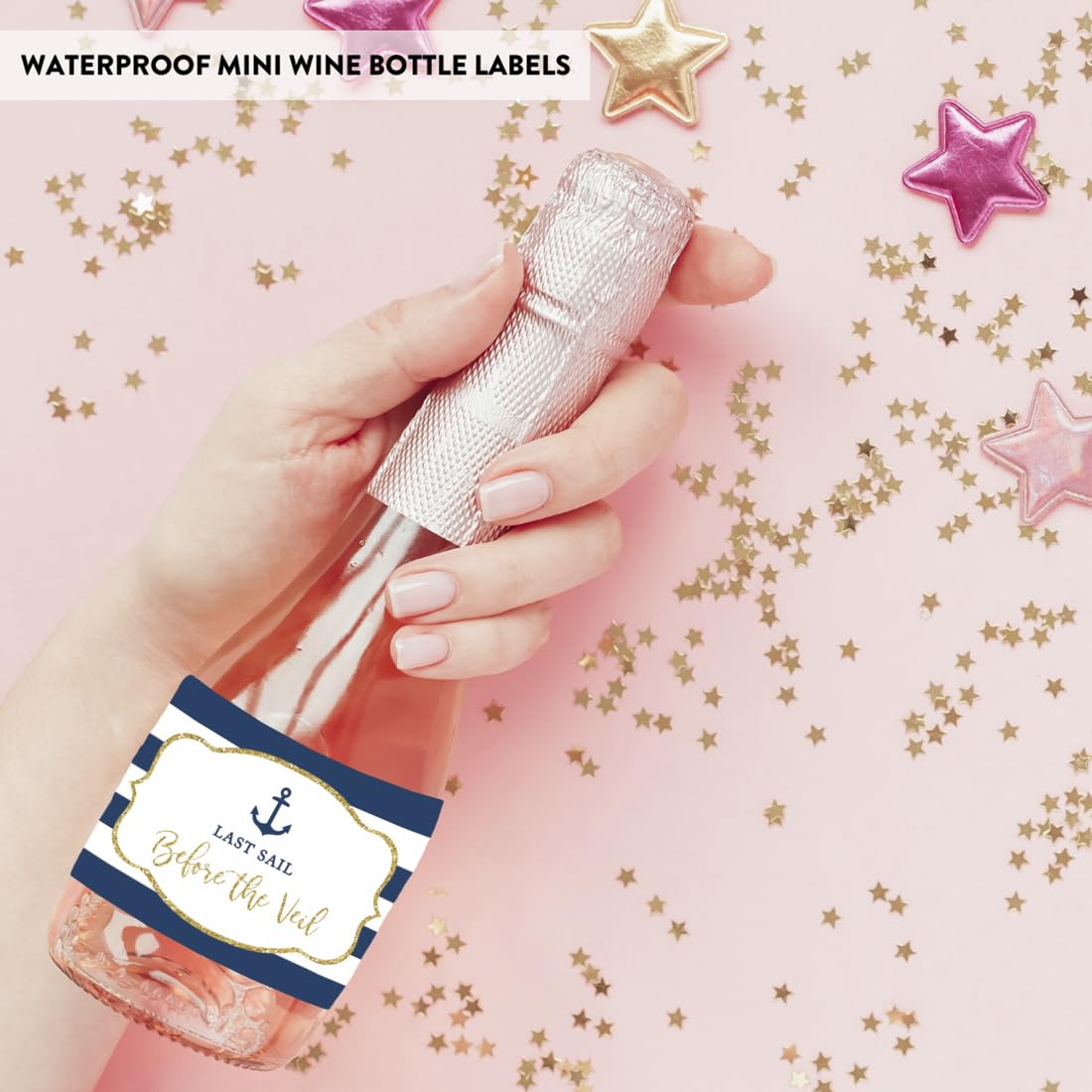 Custom Nautical Navy Blue Stripes & Gold Glitter Bachelorette Wine Labels - 20-Pack Waterproof Mini Champagne Bottle Stickers for Wedding, Bridal Shower & Party Decor | Last Sail Before The Veil Theme