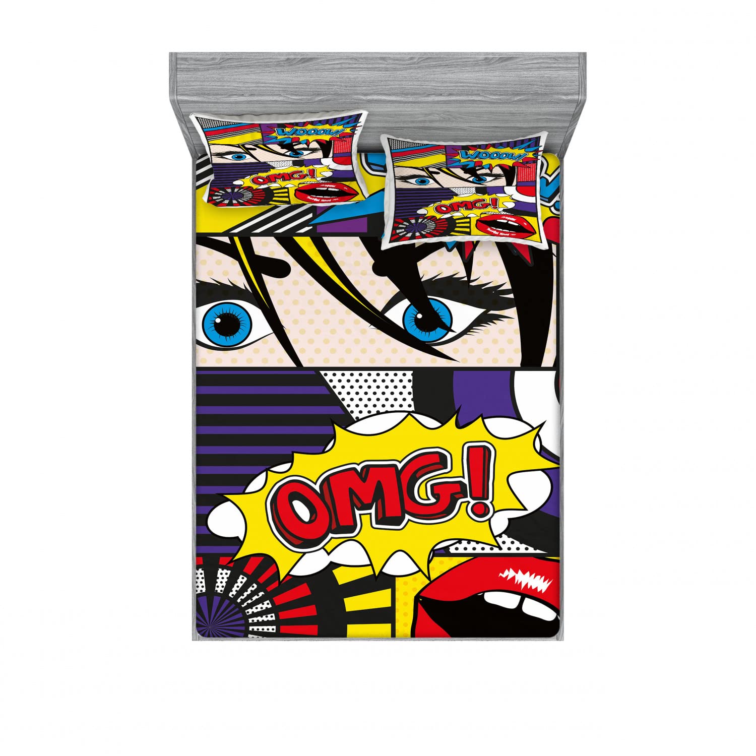 Ambesonne 2-Pack Fitted Sheet & Pillow Sham Set - Comic Book Pattern 4-Piece Bedding Decor - Includes 2 Twin XL Fitted Sheets & 4 Pillow Covers - Vibrant Multicolor Design for Dorm Room, Kids Bedroom & Comic Lovers