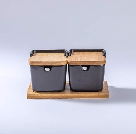 Creative Black Ceramic Seasoning Box with Bamboo Lid - Salt & Spice Storage Container - Kitchen Organizer for Countertop (Style 1) | Perfect for Cooking, Baking & Kitchen Decor