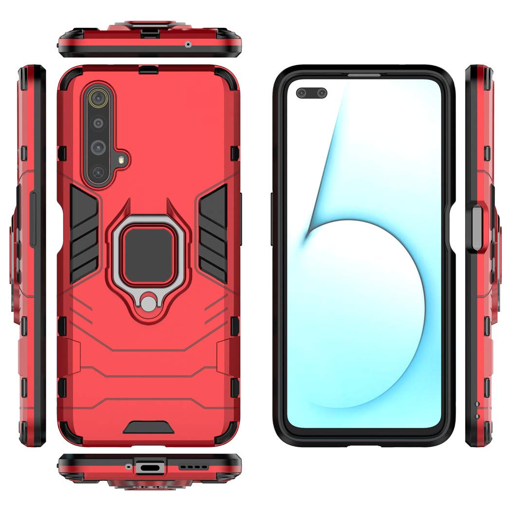 Shockproof Hard Bumper Case for Oppo Realme X50 5G with Metal Ring Grip & Kickstand - Magnetic Car Mount Compatible, Dual Layer Rugged Protective Cover (Red) - Perfect for Outdoor Activities, Travel and Daily Use