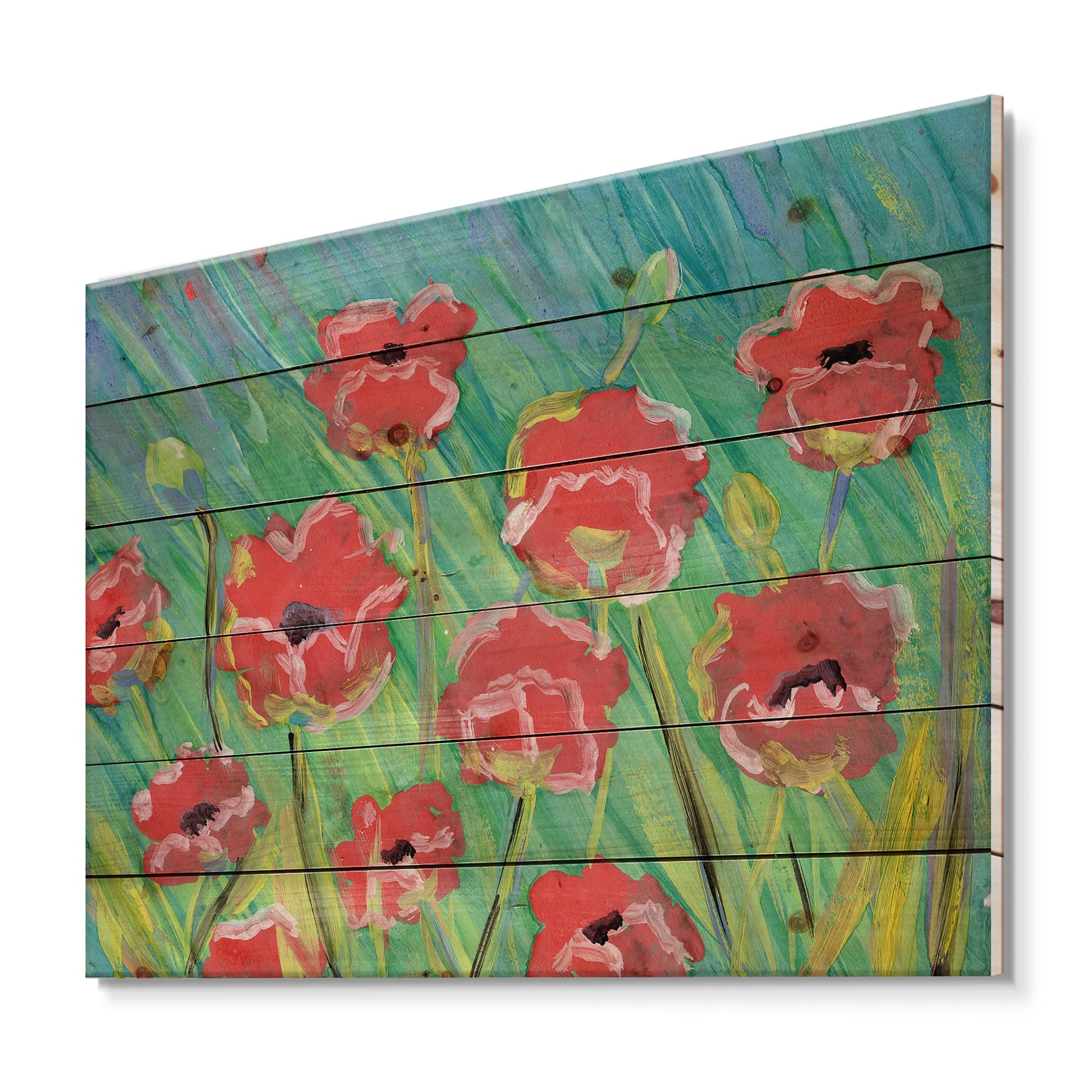 DesignQ Blooming Poppies Gouache Wood Wall Art - Traditional Red Floral Wall Decor - Large Pine Wood Wall Panels - Perfect for Living Room, Bedroom & Office Decoration