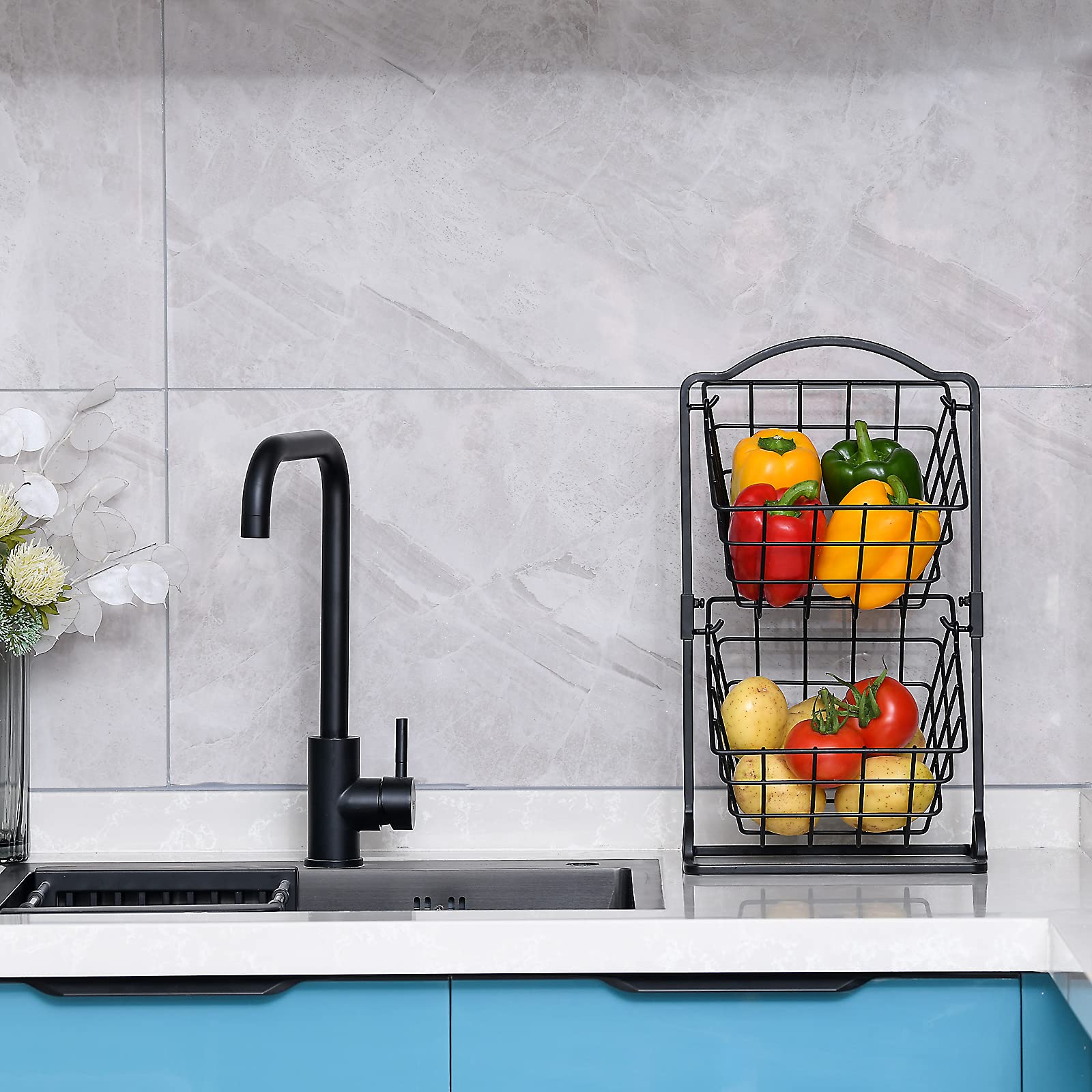 2-Tier Iron Fruit Basket for Kitchen Counter - Wire Hanging Storage Organizer for Fruits, Vegetables & Bread - Matte Black - Perfect for Pantry, Dining Table & Countertop Organization