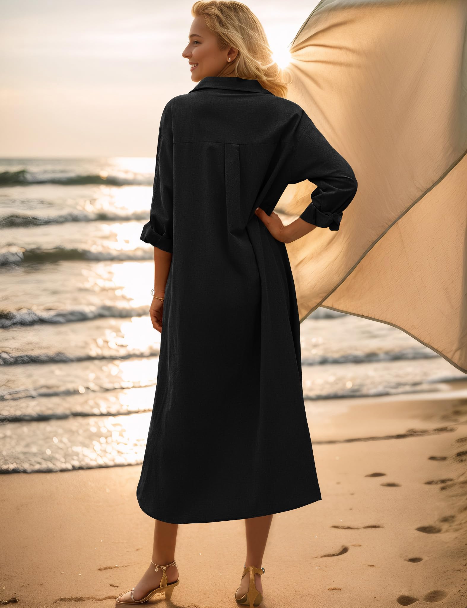 Sopliagon Women's Cotton Linen Shirt Dress - Casual Loose Maxi Dress with Pockets | Summer Beach Cover Up, Boho Chic Outfit for Vacation & Everyday Wear