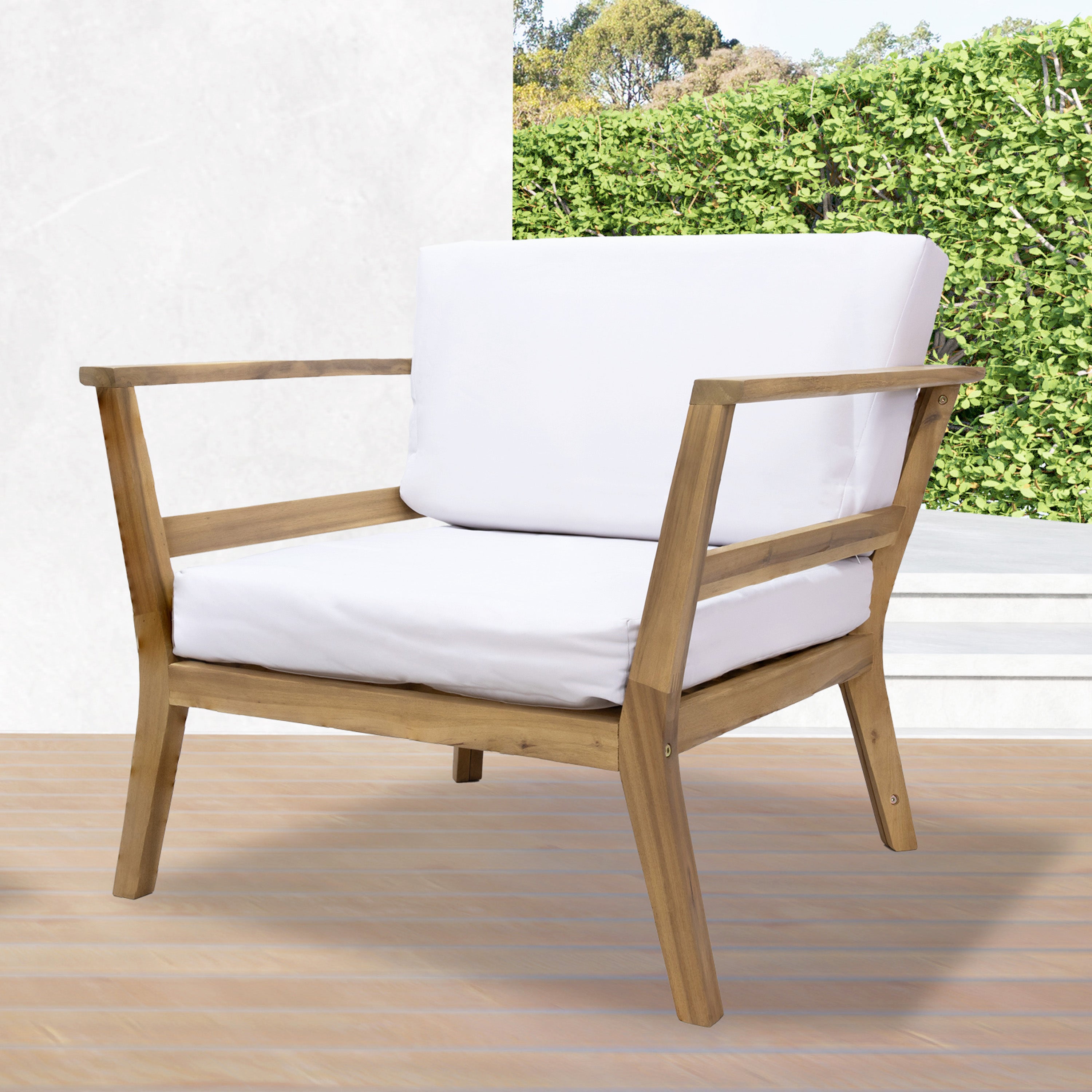 Acacia Wood Patio Armchair with Cushions - Sunnydaze Bodie Club Chair for Outdoor Living - Bone White Weather-Resistant Cushions - Perfect for Backyard, Garden & Poolside Relaxation