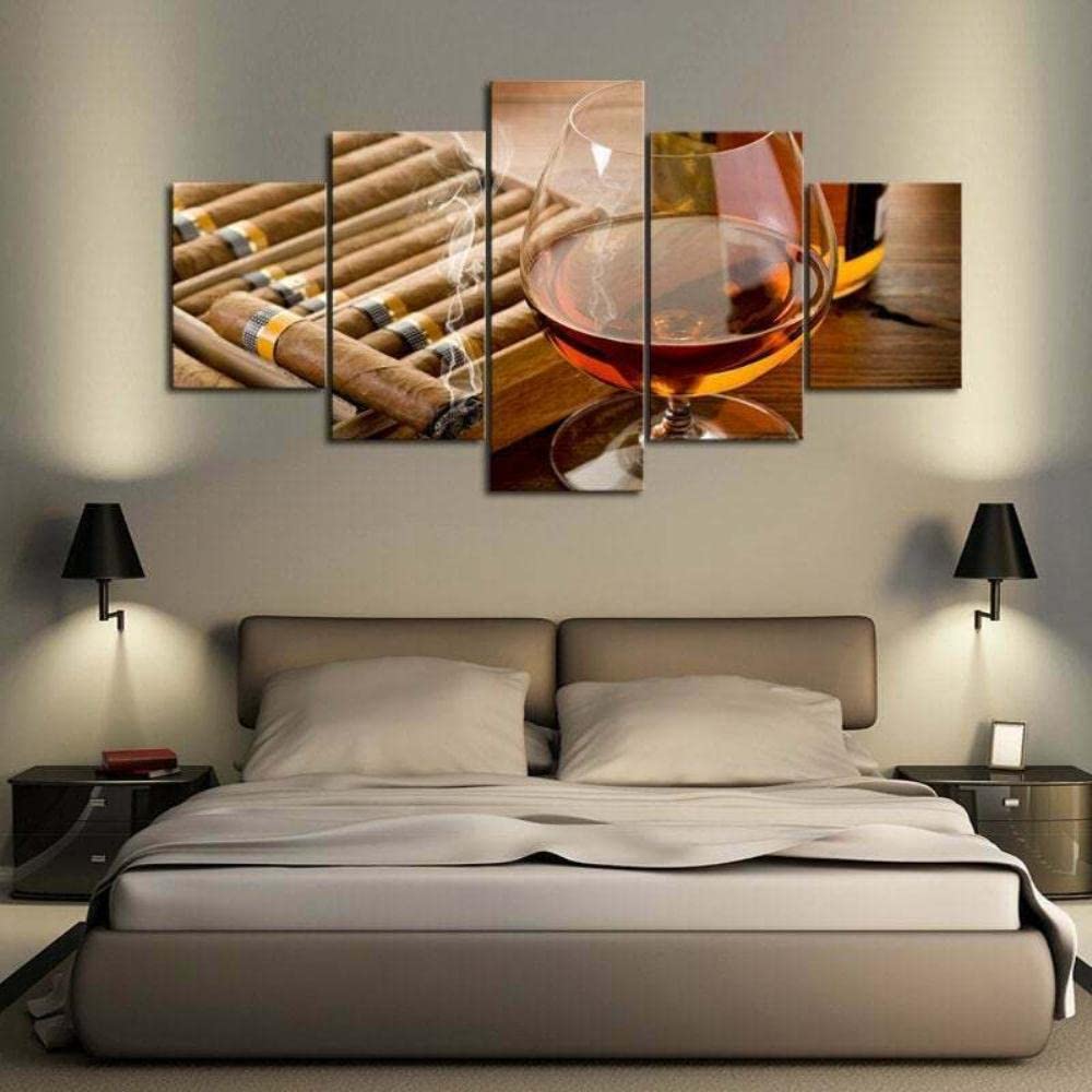 5-Panel Whiskey & Cigar Wall Art - Cuban Bar Decor Canvas Print - Scotch & Bourbon Themed Multi-Panel Painting (40x20 Inches Unframed) - Perfect for Man Cave, Home Bar, Office or Lounge Decor