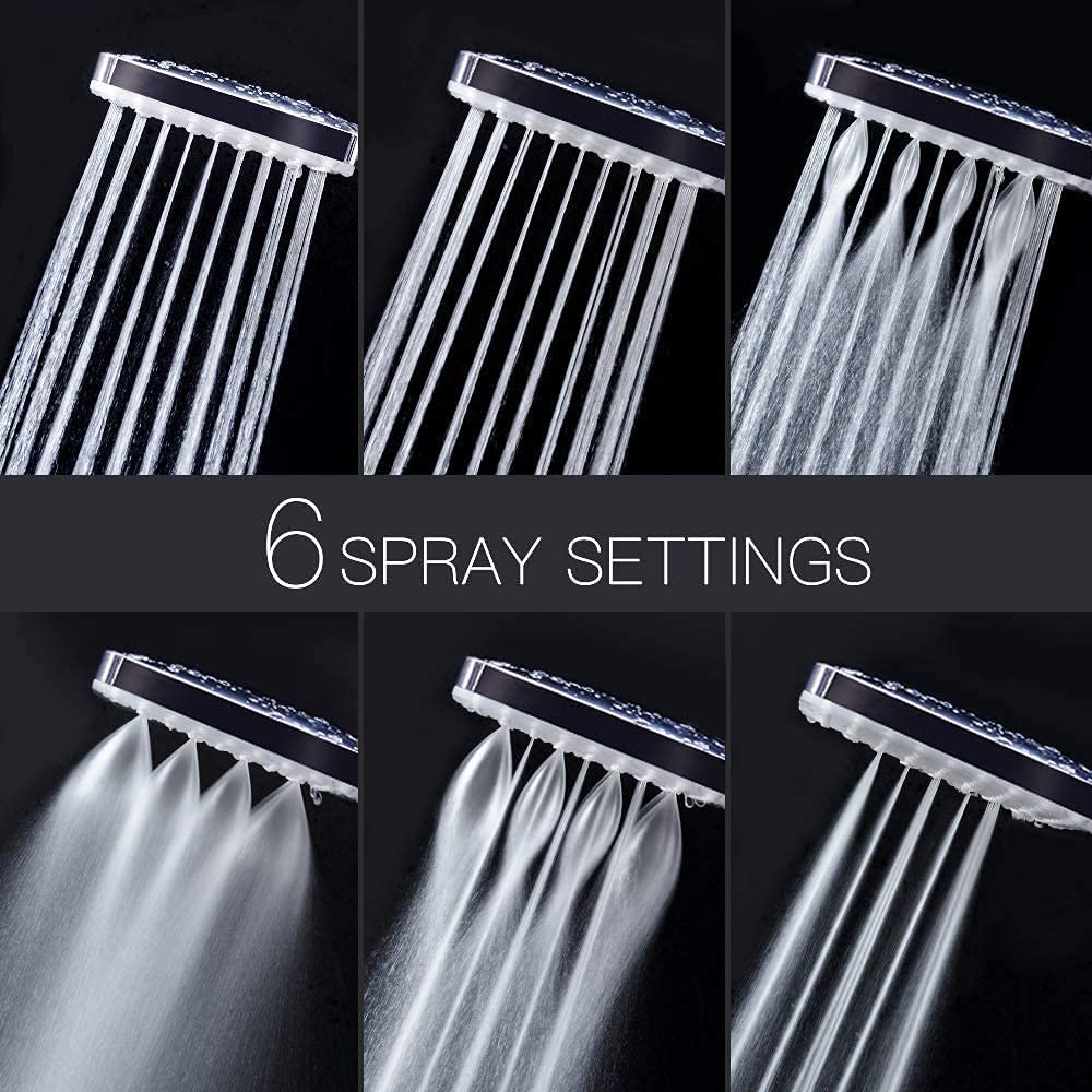 Newentor High Pressure Shower Head with 6 Spray Modes - Detachable Square Shower Head with Stainless Steel Hose & Adjustable Stand - Chrome Finish for Bathroom, Spa & RV Use