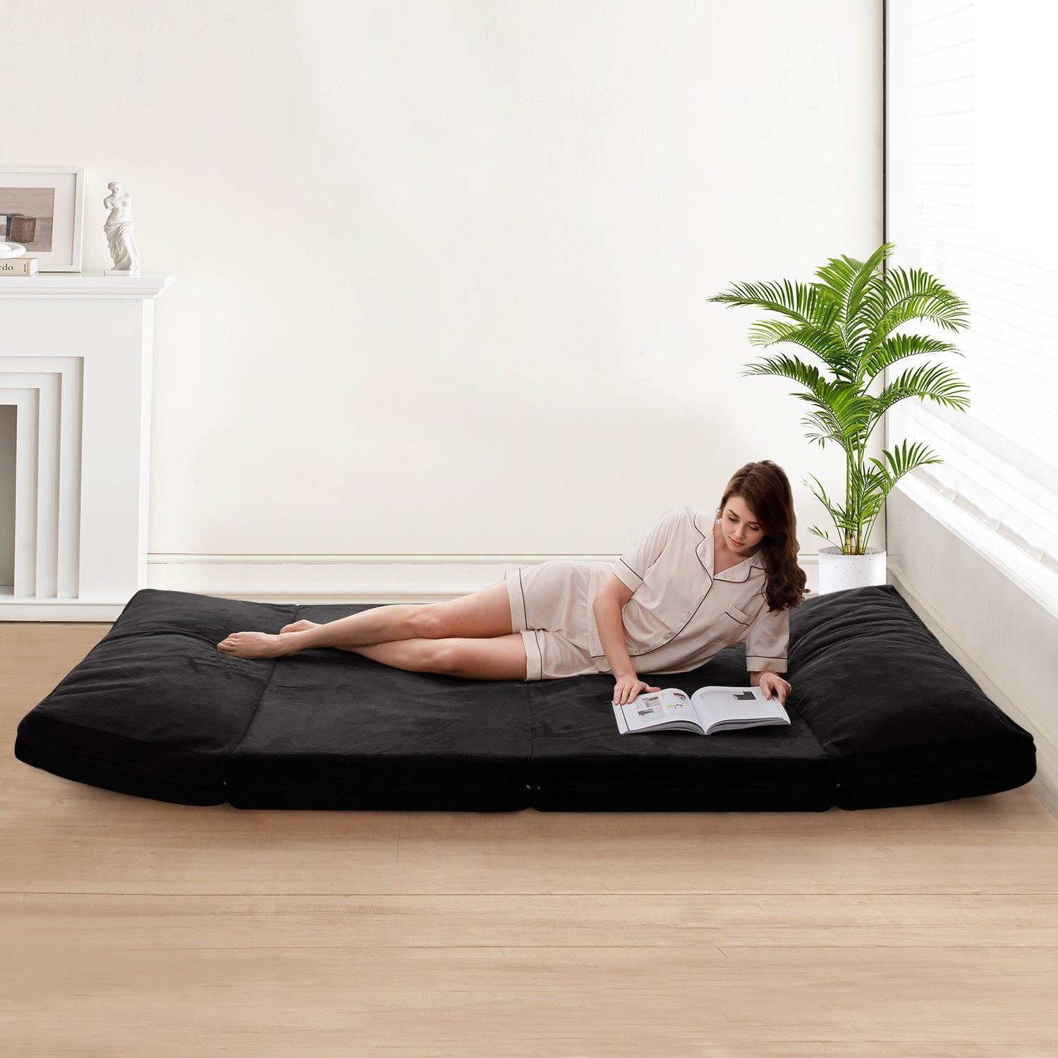 MAXYOYO Bean Bag Folding Sofa Bed - Extra Thick Floor Mattress with Washable Faux Fur Cover | Perfect for Living Room, Bedroom, Dorm & Game Room Lounging