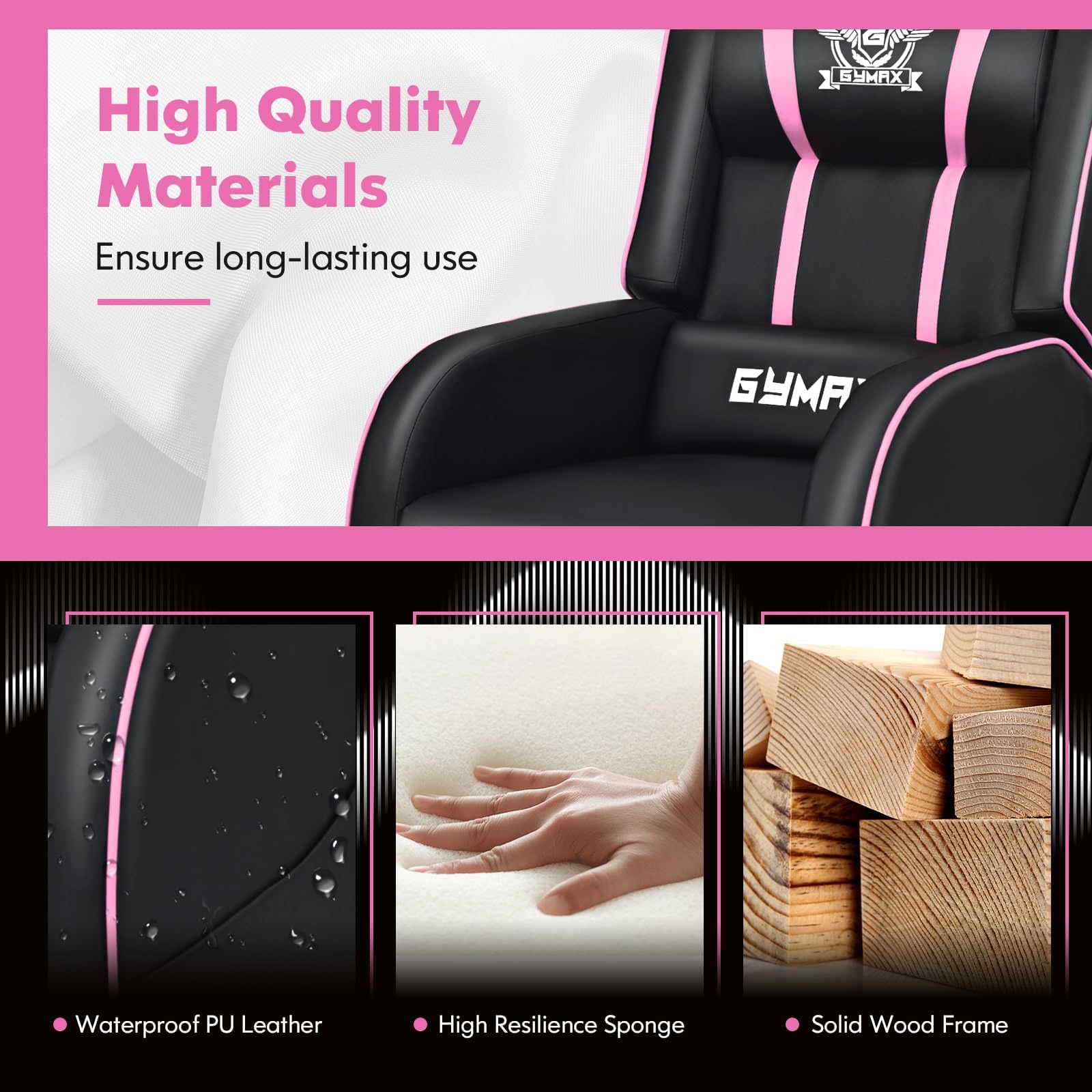 GYMAX Pink Gaming Recliner Chair with Massage, Adjustable Footrest & Remote Control - Ergonomic Racing Style Lounge Chair for Adults with Side Pocket - Perfect for Gaming, Movie Nights & Home Theater Relaxation