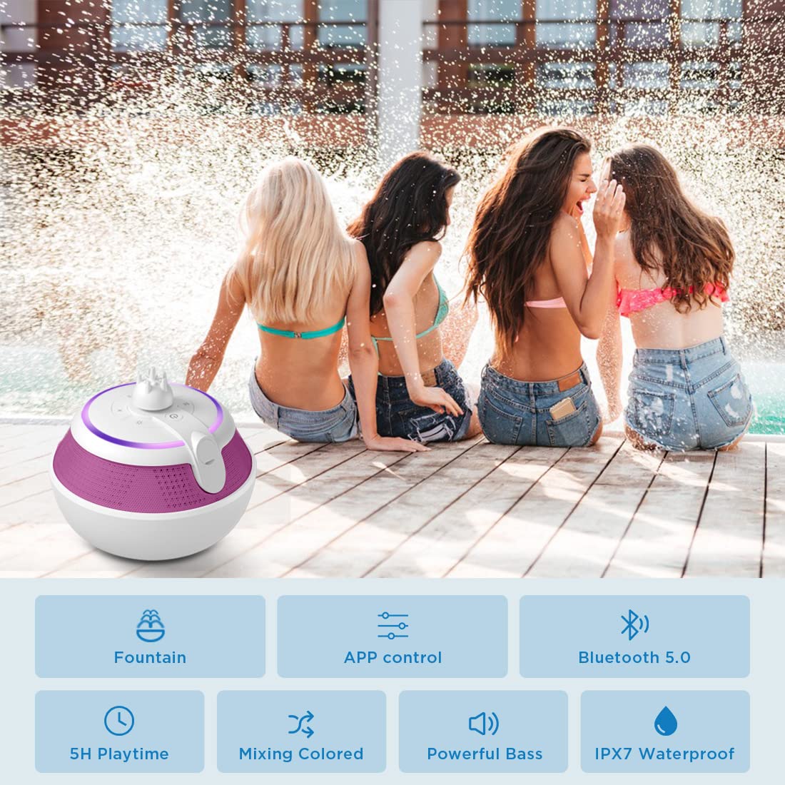 Foifope Floating Bluetooth Speaker - Waterproof Wireless Pool Speaker with LED Lights for Hot Tubs, Showers, Bathrooms & Outdoor Use | Portable Shower Speaker for Kids & Adults (Pink)