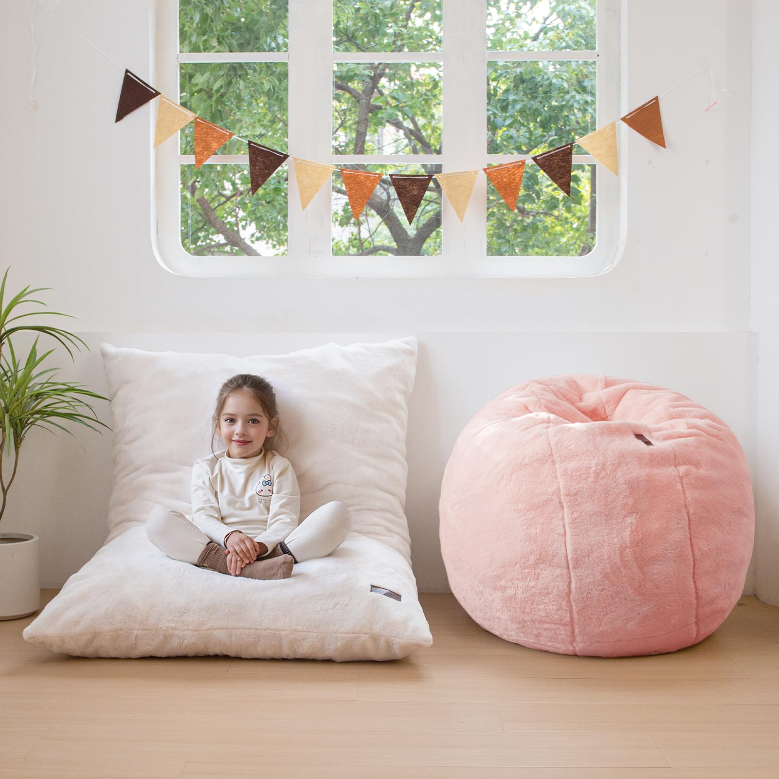 MAXYOYO 3-in-1 Kids Bean Bag Chair Bed - Convertible Faux Fur Floor Sofa for Children's Room, Gaming & Reading (Pink) | Perfect for Playroom, Bedroom & Dorm Decor