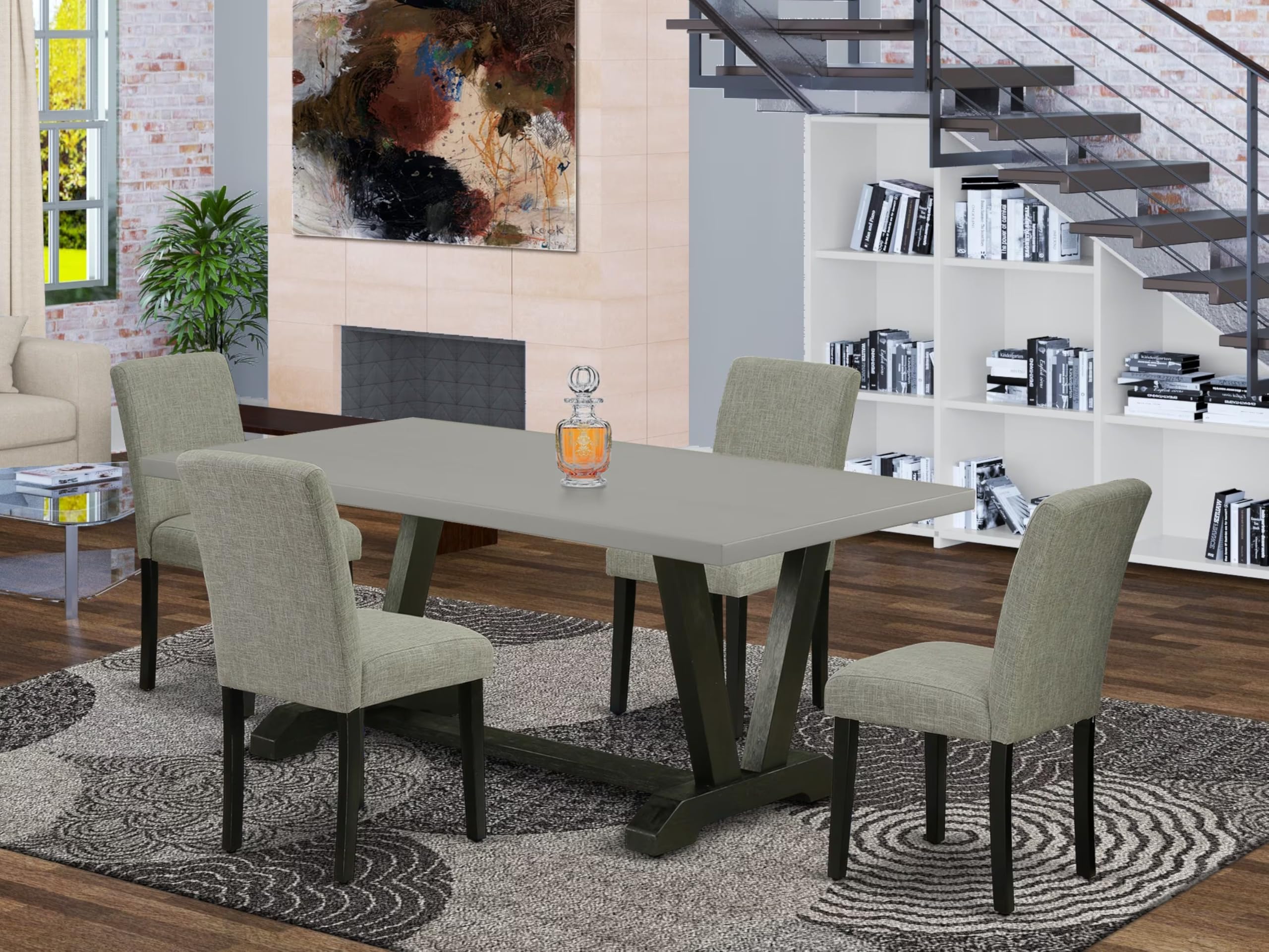 East West Furniture 5-Piece Kitchen Table Set for 4 - Rectangle Dining Table with V-Legs & 4 Shitake Linen Fabric Parson Chairs, 40x72 Inch, Multi-Color - Perfect for Small Dining Rooms, Breakfast Nooks & Cozy Family Meals