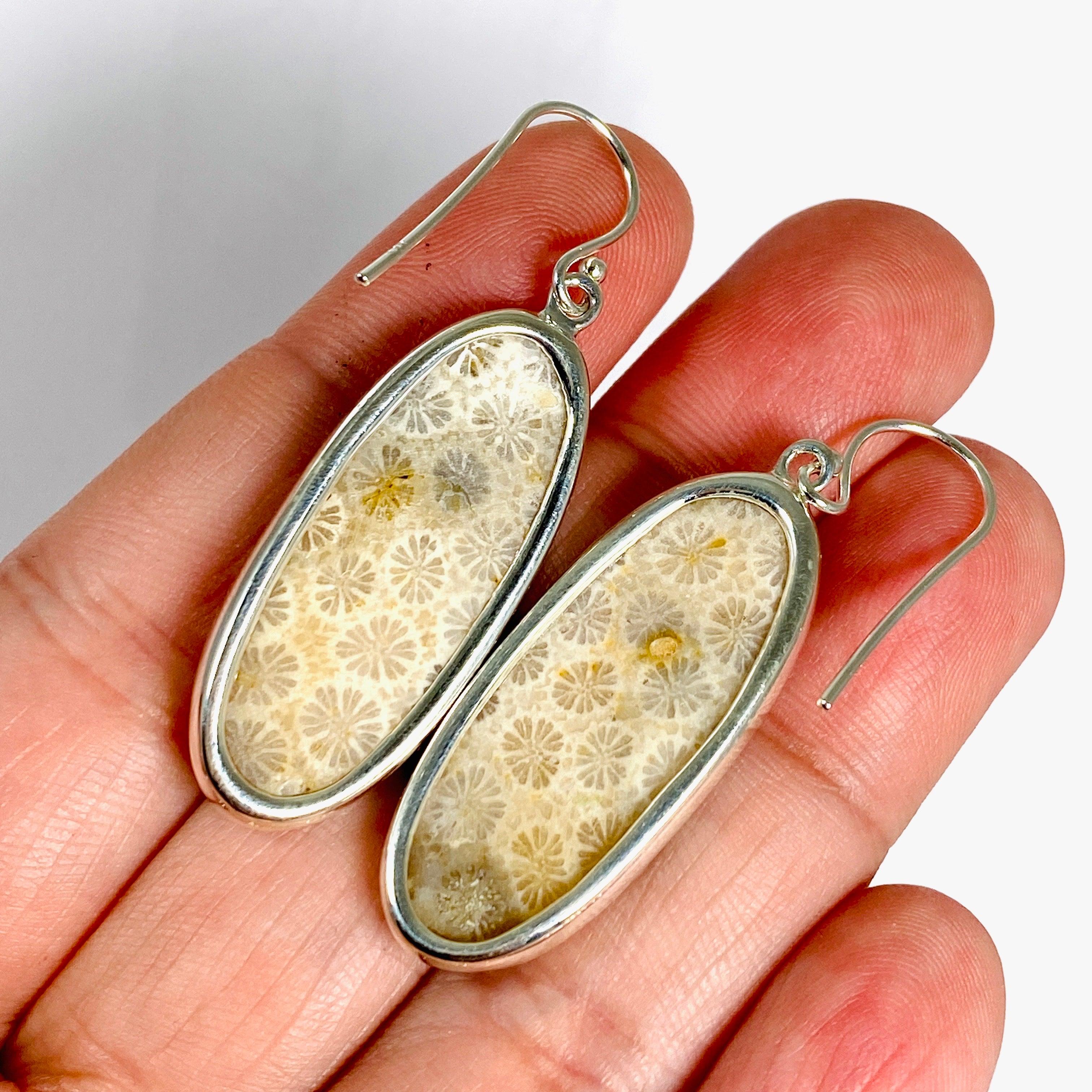 Fossil Coral Oval Earrings for Women - Natural Stone Dangle Jewelry KEGJ1379 - Perfect for Beach Weddings, Boho Outfits & Gift Giving