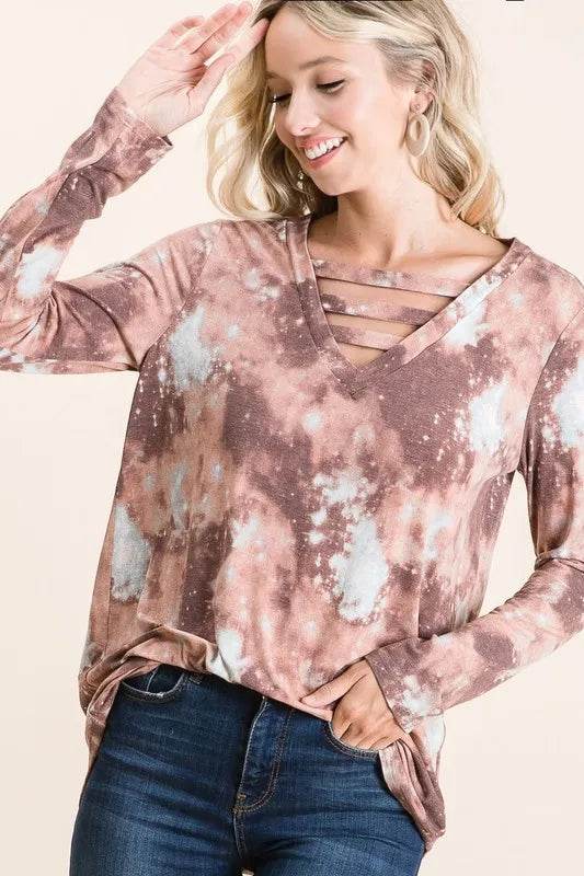 BiBi Tie Dye French Terry V-Neck T-Shirt for Women | Soft Casual Top | Perfect for Summer Outfits, Beach Wear & Lounge