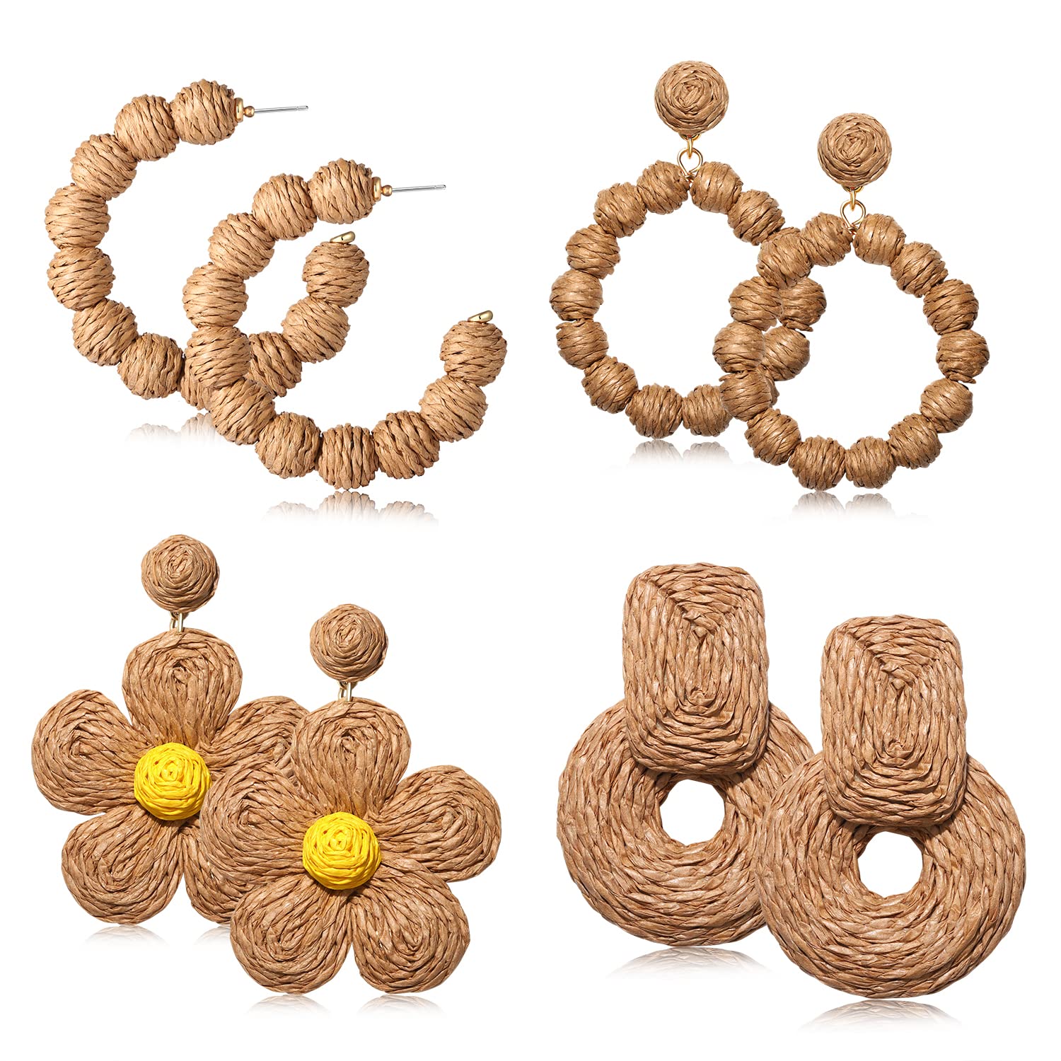 4 Pairs Boho Rattan Earrings for Women - Handmade Straw Raffia Ball Hoop Dangle Earrings with Geometric Design | Perfect for Summer Festivals, Beach Vacations & Boho Chic Outfits