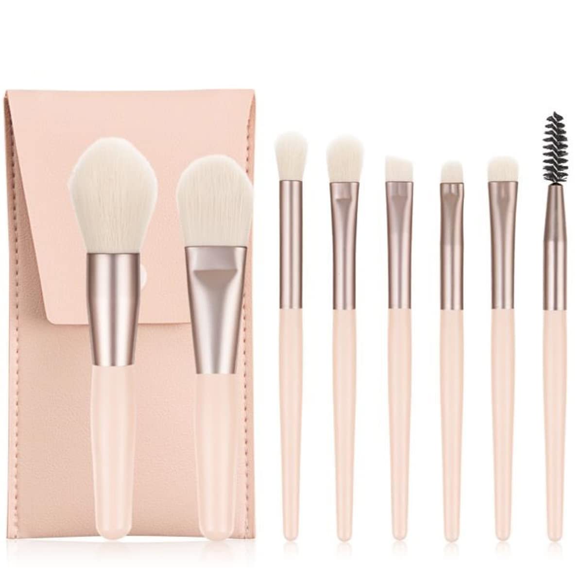 TOHERVIE 8-Piece Travel Makeup Brush Set with Bag - Mini Cosmetic Brushes for Foundation, Blush & Eyeshadow - Synthetic Bristles with Wooden Handle (Beige) - Perfect for Travel, On-the-Go Touch Ups & Professional Makeup Application