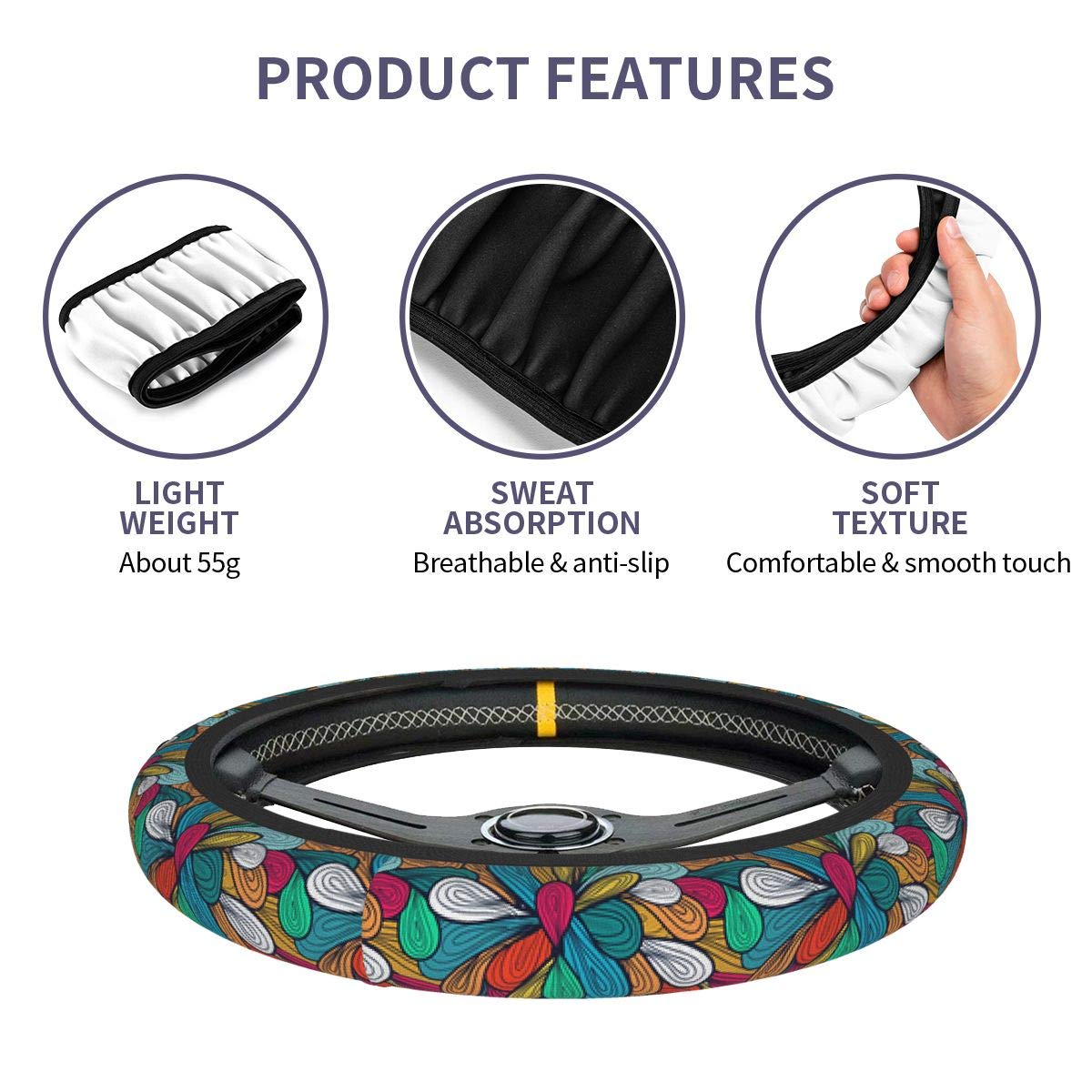 Delerain Non-Slip Steering Wheel Cover - Universal 15 Inch Bright Pattern Elastic Car Accessory for Men & Women - Perfect for Daily Commuting, Road Trips and Car Interior Protection