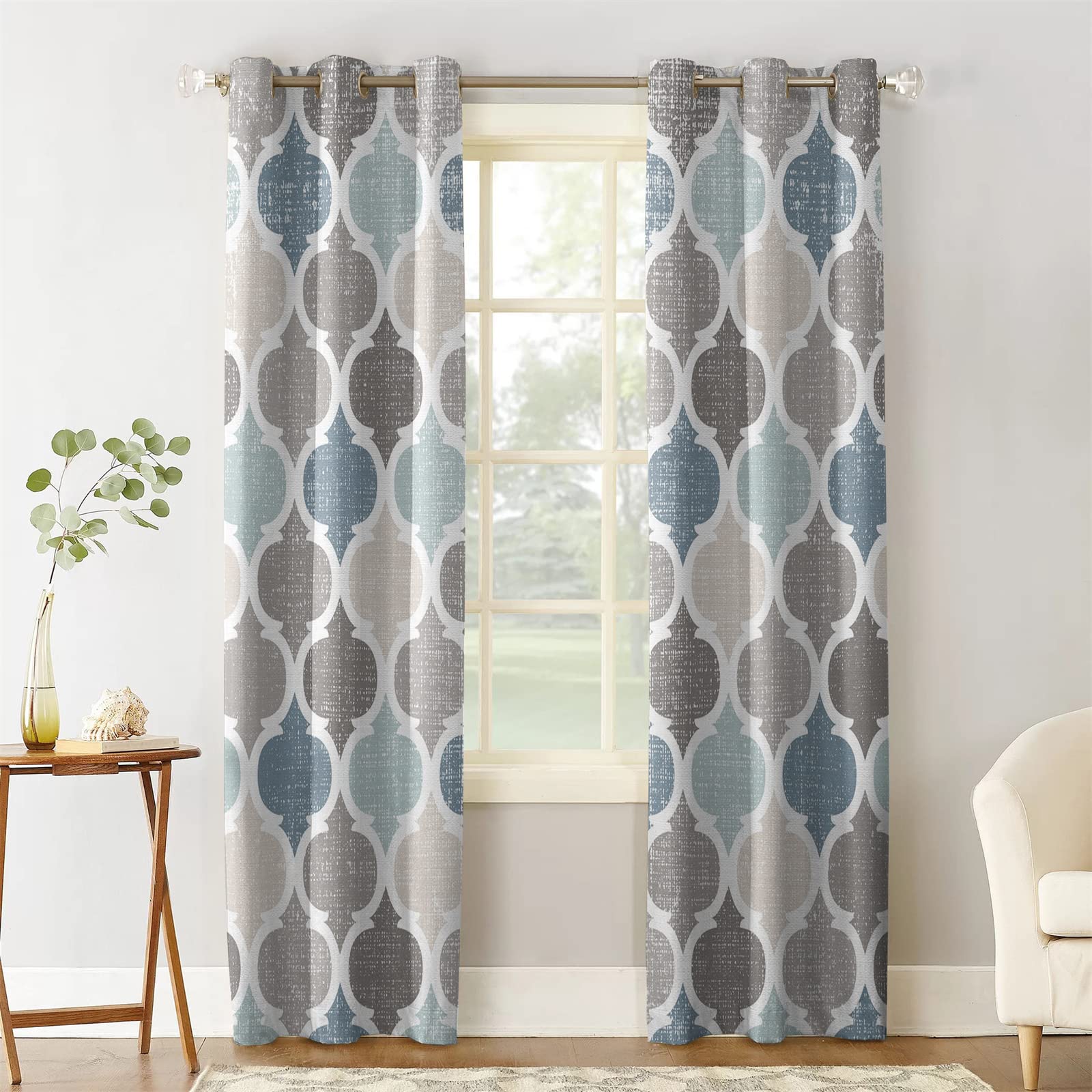 2 Panels Eyelet Geometric Blue Blackout Curtains - Vintage 3D Printed Thermal Insulated Drapes with Noise Reduction for Living Room & Bedroom (108