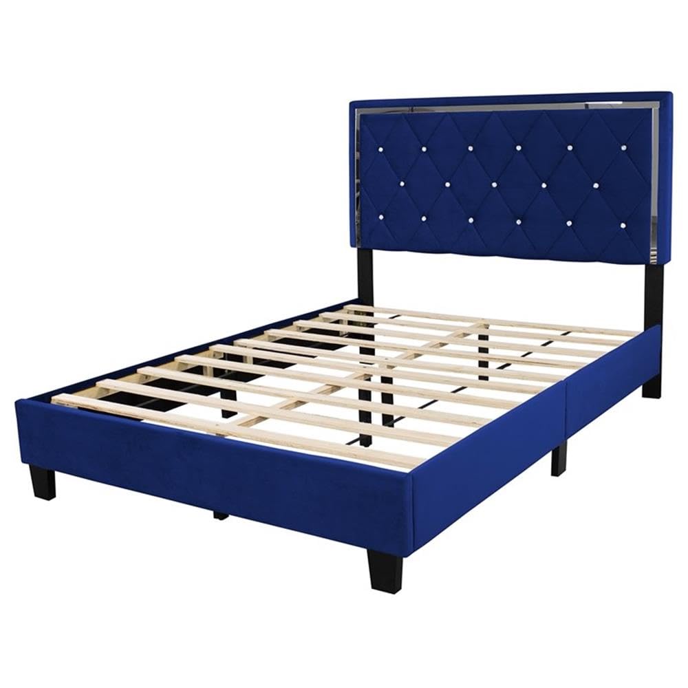 Pemberly Row Modern Velvet Upholstered Queen Size Platform Bed Frame - Luxurious Blue Velvet Fabric - Perfect for Contemporary Bedroom Decor & Master Suite Upgrade