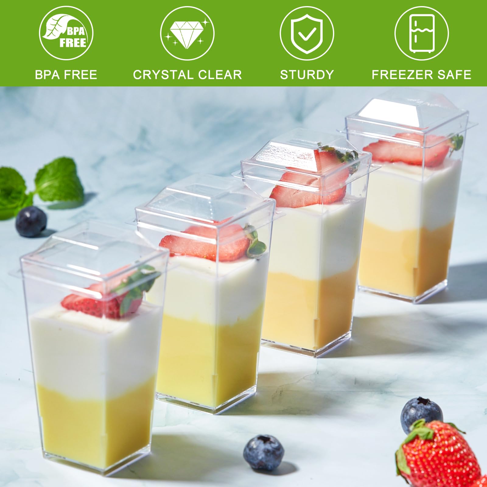Zezzxu 50-Pack 3 oz Mini Plastic Dessert Cups with Lids & Spoons - Square Shooter Glasses for Appetizers, Parfaits, Mousse, Trifle, Fruit Pudding | Perfect for Parties, Catering & Home Dessert Serving