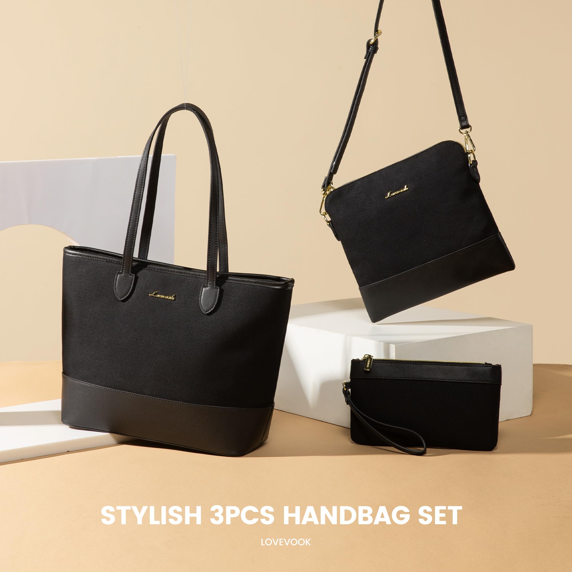 LOVEVOOK Women's 3-Piece Canvas Purse and Wallet Set - Stylish Tote Satchel & Shoulder Bag for Everyday Use, Work, and Travel | Perfect Gift for Her