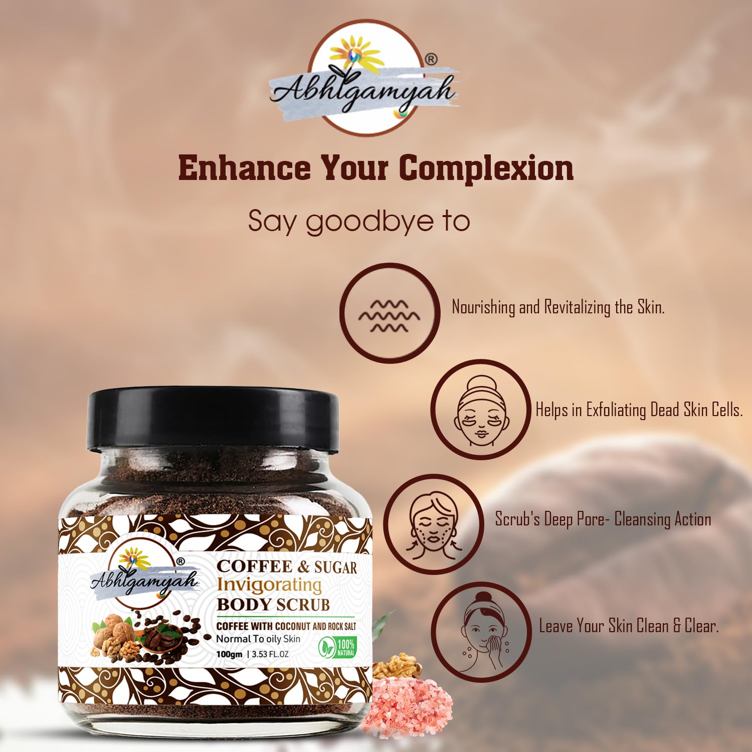 Abhigamyah Coffee & Sugar Body Scrub - Exfoliating Face & Body Scrub with Walnut Shell for Tan Removal - 8oz (Pack of 1) - Perfect for Spa Day & Post-Sun Care