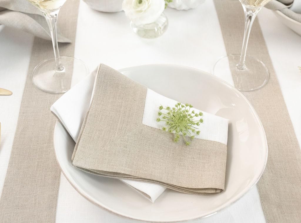 Solino Home 100% Pure Linen Dinner Napkins Set of 4 - 20x20 Inch Natural & White Cloth Napkins - Handcrafted, Machine Washable for Formal Dining, Wedding, and Everyday Use