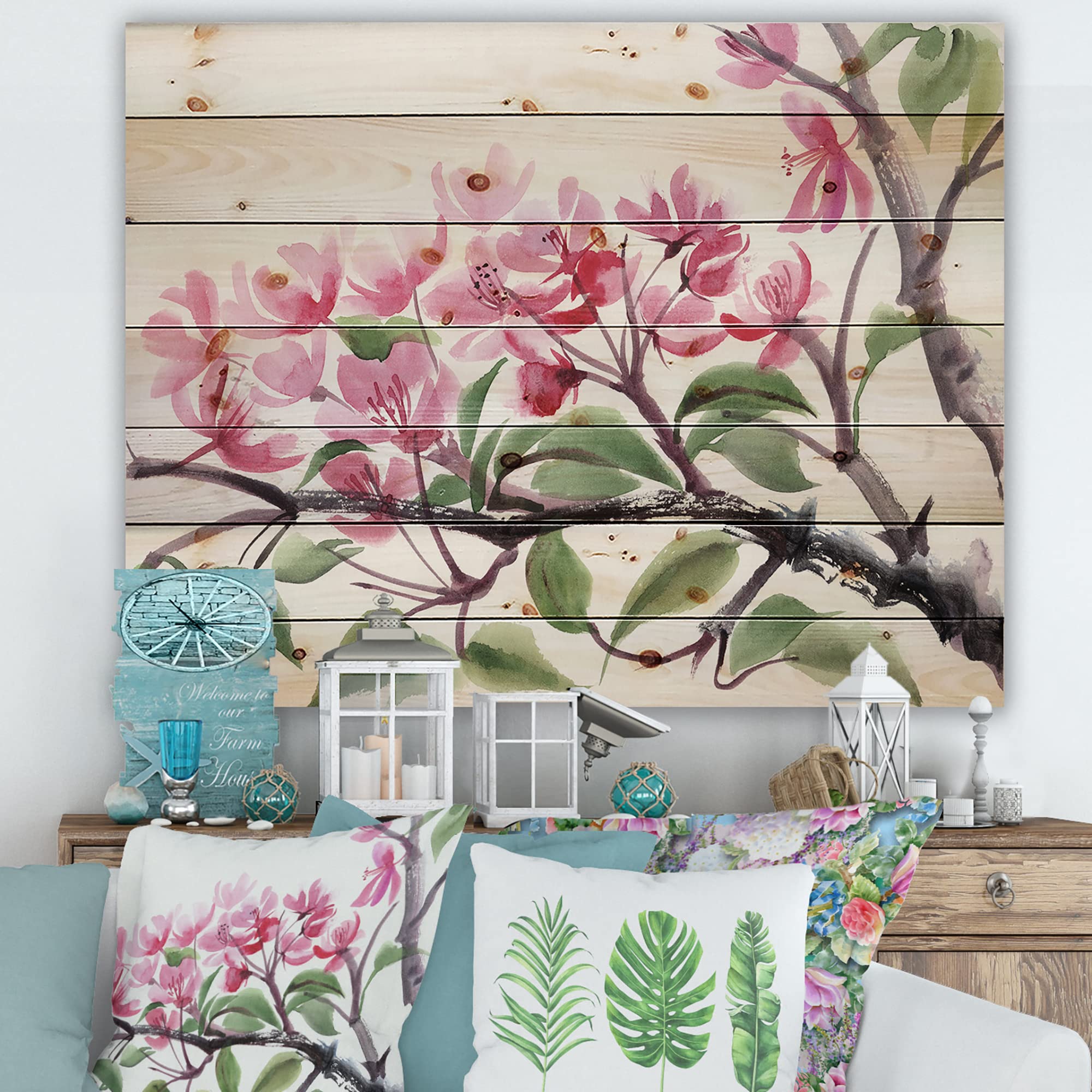DesignQ Pink Blossoming Tree Traditional Wood Wall Decor - Large Floral Wood Wall Art Panel Printed on Natural Pine - Perfect for Living Room, Bedroom, Nursery & Office Decor