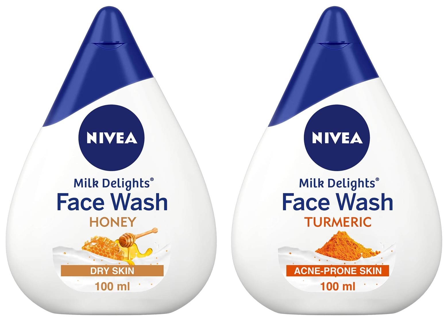 Nivea Women's Face Wash for Acne Prone Skin with Turmeric & Milk - Reduces 99.9% Pimple-Causing Bacteria, 100ml | Hydrating Face Wash for Dry Skin with Honey & Milk, 100ml - Gentle Daily Cleanser for Clear, Soft Skin - Perfect for Morning & Night Skincare Routine