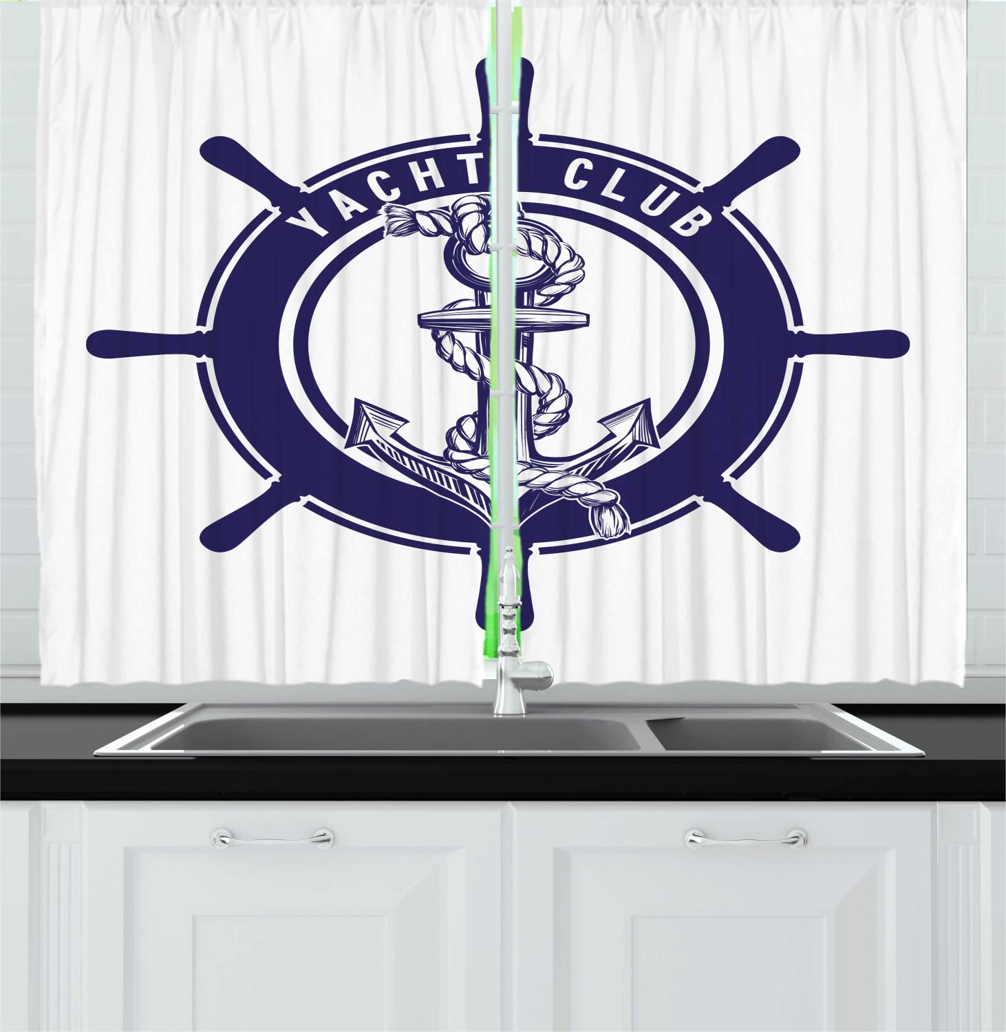 Ambesonne Vintage Nautical Tattoo Long Kitchen Curtains - Yacht Club Anchor & Steering Wheel Maritime Monochrome Design, 2 Panel Drapes with Rod Pocket (55