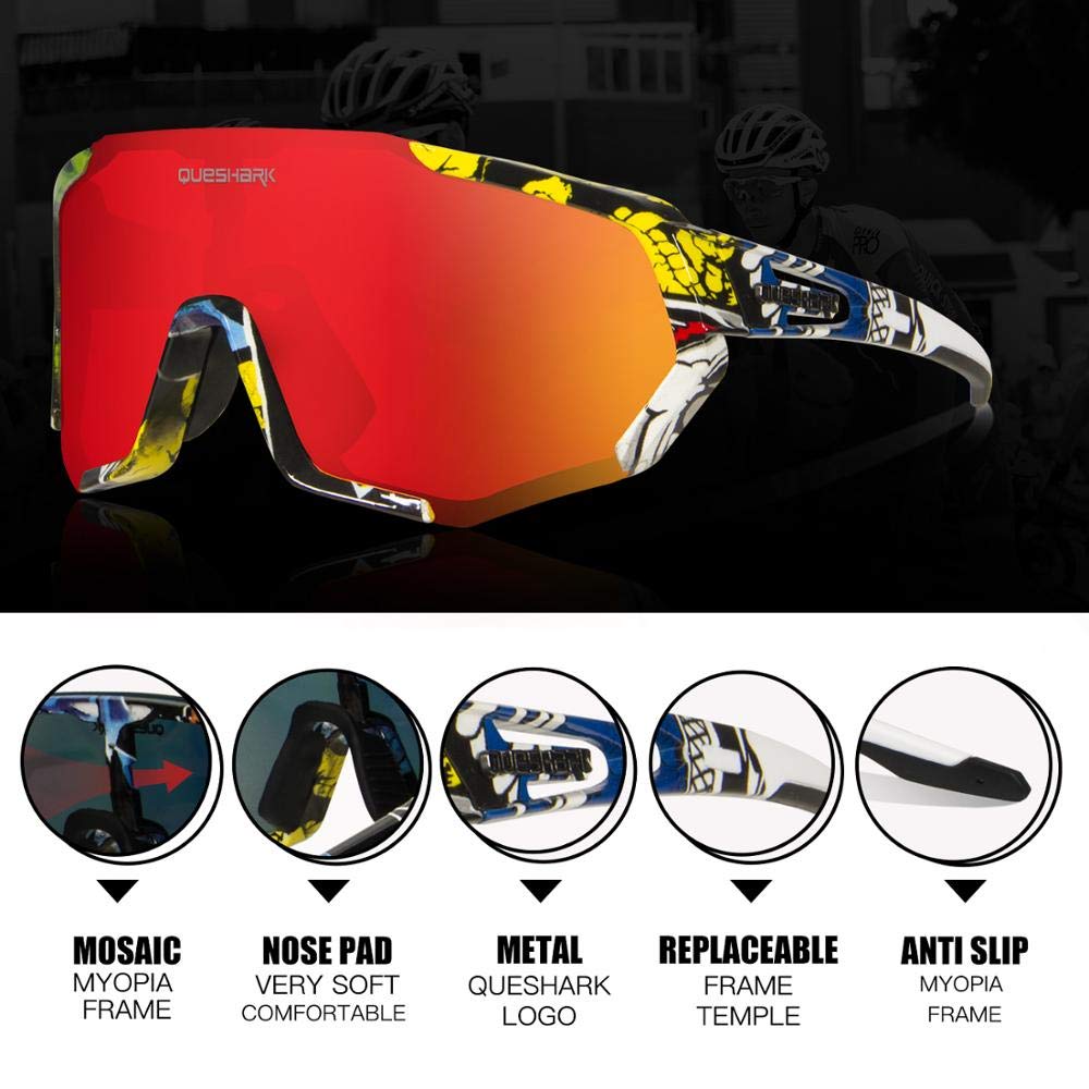 Queshark Polarized Cycling Glasses for Men & Women - UV Protection Sports Sunglasses with 2 HD Lenses - Ideal for Cycling, Running, Hiking & Outdoor Activities