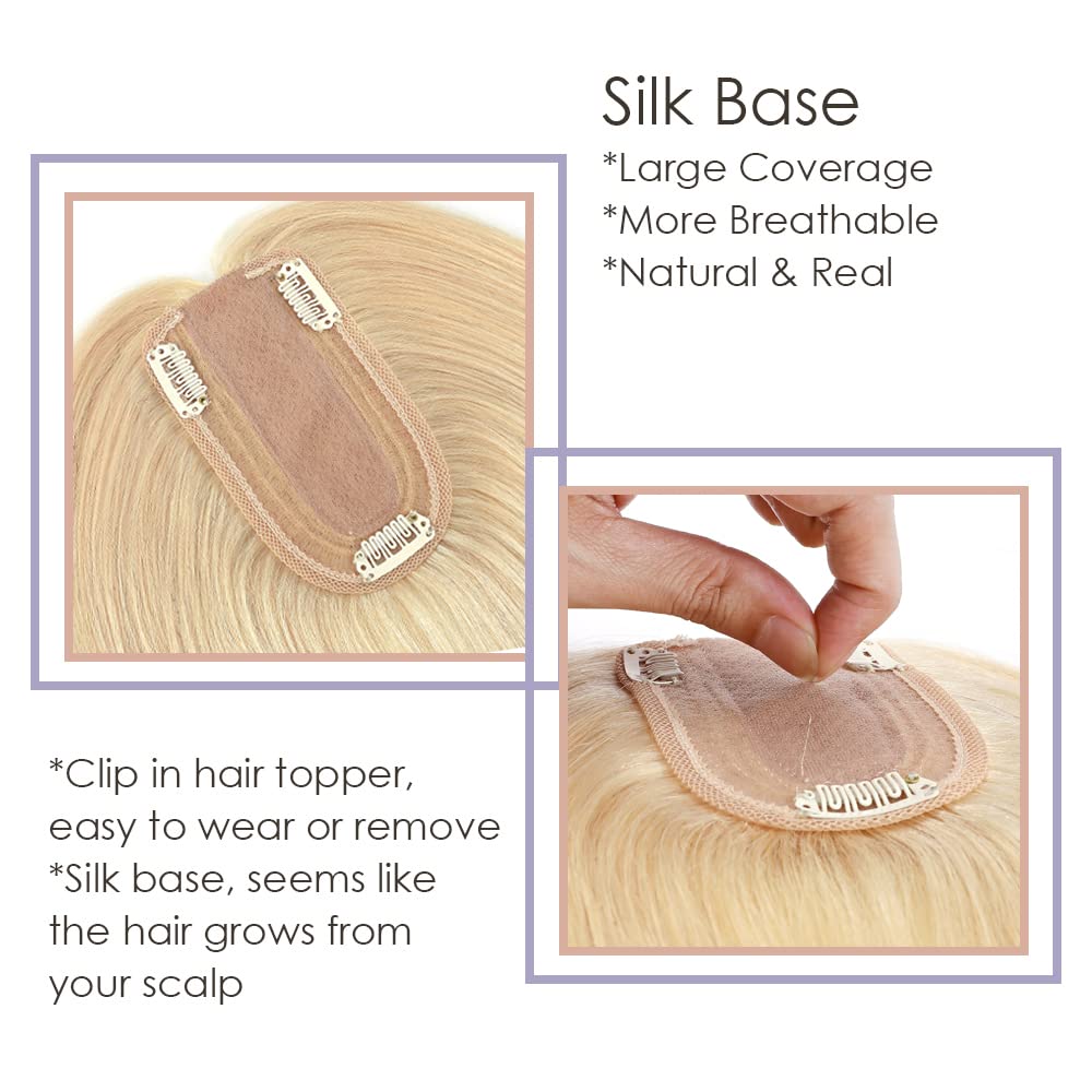 MY-LADY Human Hair Toppers for Women - 150% Density Remy Hair Topper with Silk Base (7x13cm, No Bangs) - Clip in Hairpiece for Thinning Hair - 10 Inch Straight Bleach Blonde #613 - Perfect for Daily Wear, Parties & Special Occasions