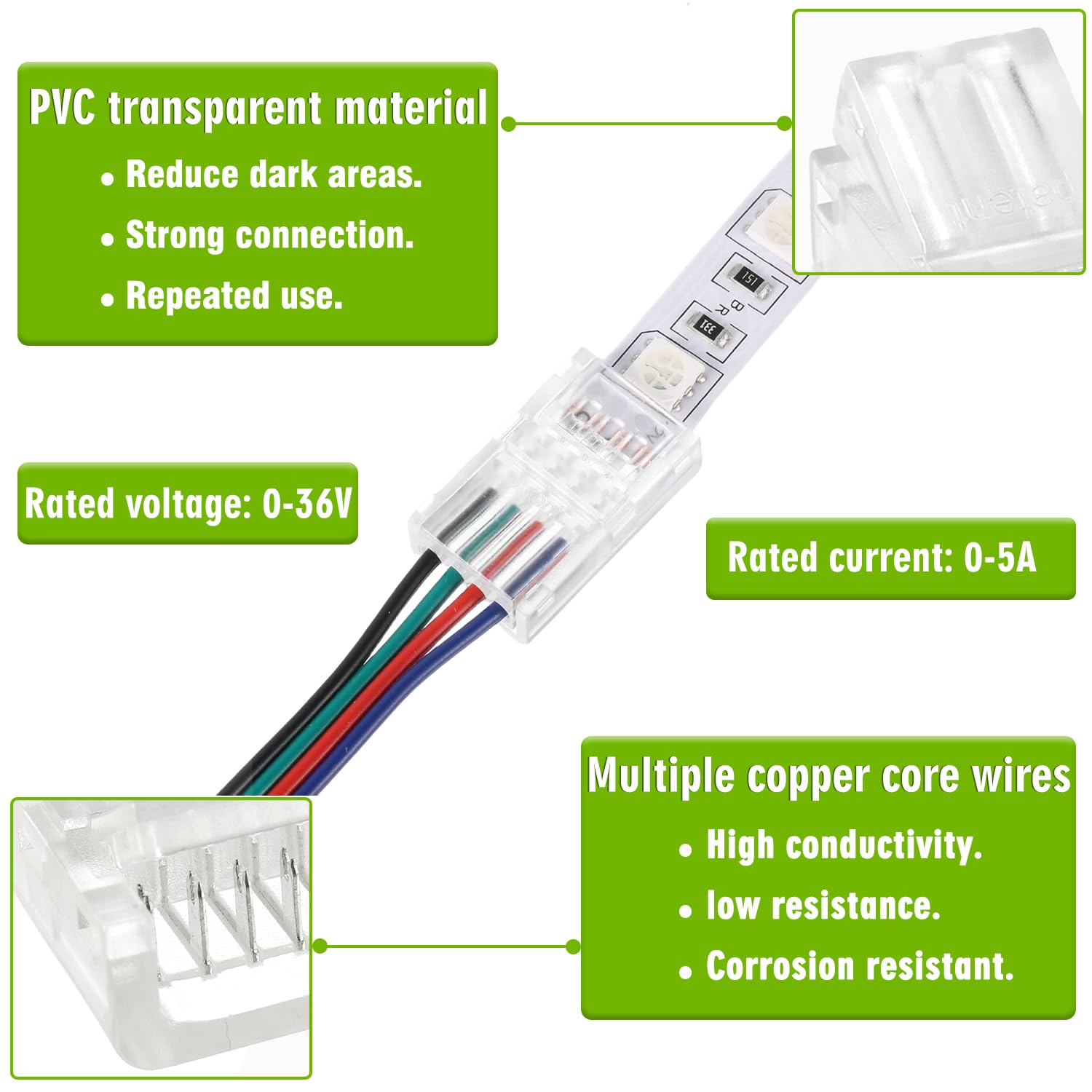 4 Pin 8mm LED Strip Connector - 20pcs Clear Unwired Gapless Quick Connect Adapter for 5050 RGB LED Light Strips | Perfect for Home Theater, Gaming Setup & DIY Lighting Projects