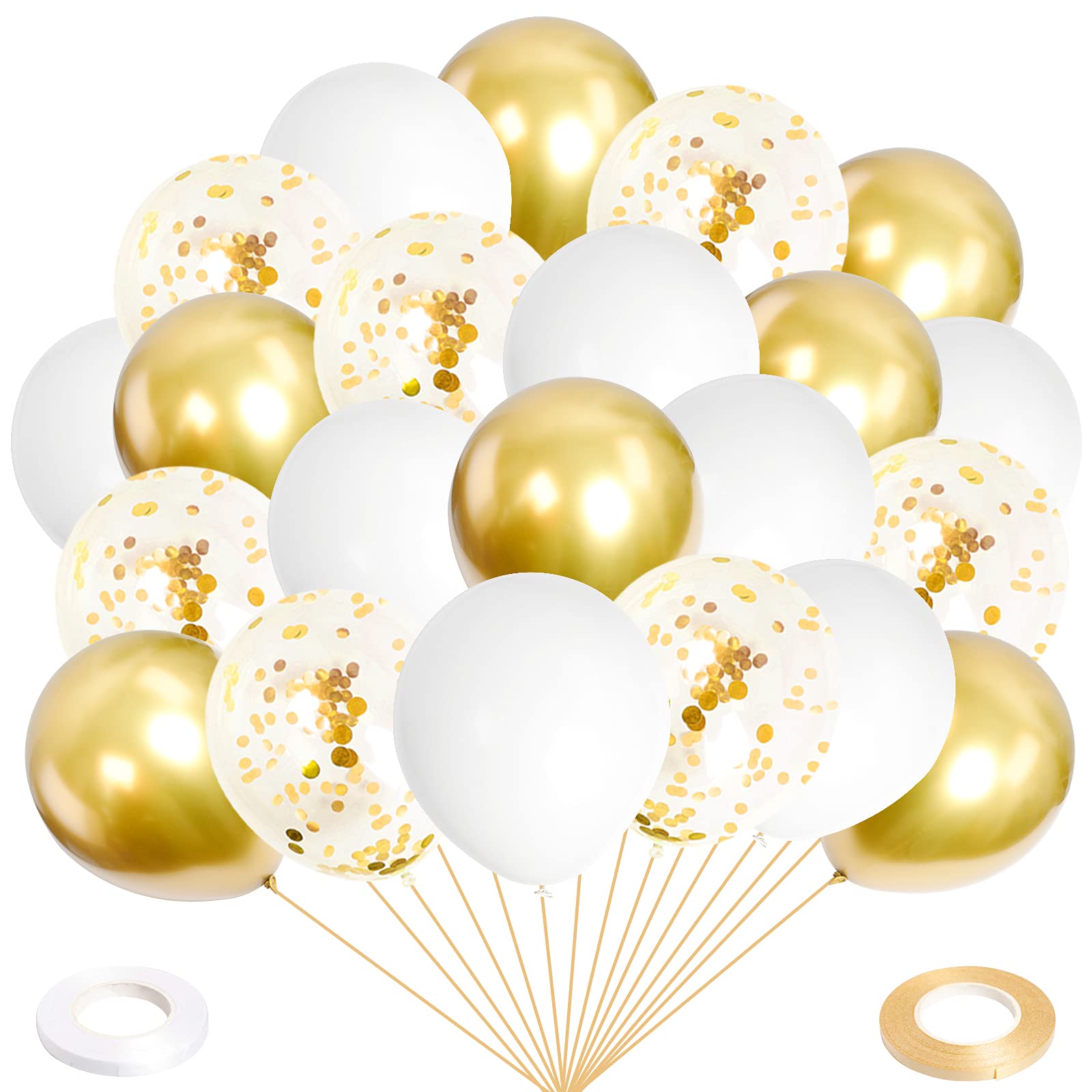 100-Pack 12-Inch White & Gold Confetti Balloons - Latex Helium Party Balloons for Birthday, Wedding, Bridal Shower, Proposal, Anniversary, Engagement Decorations - Perfect for Indoor/Outdoor Party Decor & Photo Backdrops