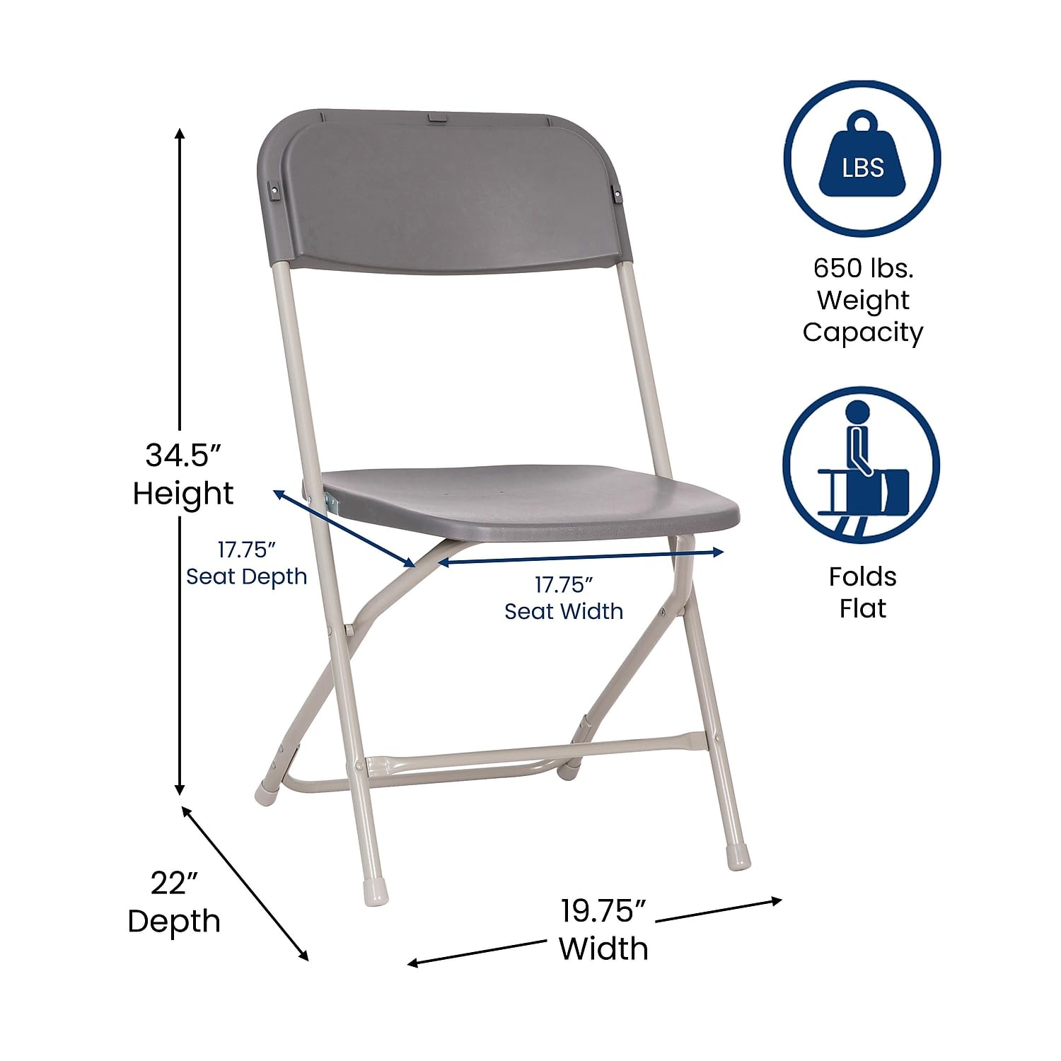 Flash Furniture Hercules Big and Tall Commercial Folding Chair - Extra Wide 650LB Capacity Durable Plastic Gray 4-Pack - Heavy Duty Stackable Chairs for Office, Conference, Events, and Outdoor Use