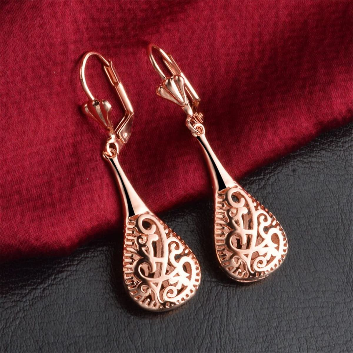 18K Rose Gold Plated Filigree Teardrop Leverback Earrings for Women - Elegant Dangle Earrings for Parties, Weddings & Special Occasions