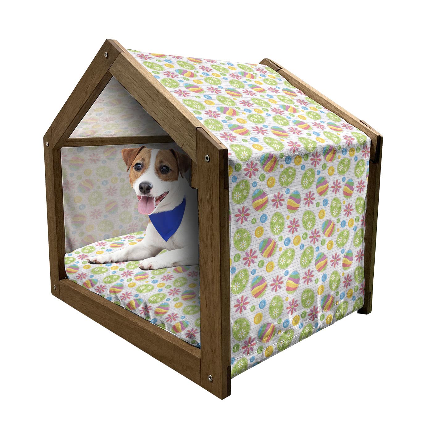 Ambesonne Easter Wooden Pet House - Patchwork Style Dog Kennel with Daisy Sewing Buttons & Egg Design, Indoor & Outdoor Portable Dog Bed with Pillow & Cover, Large Multicolor - Perfect for Easter Decor & Cozy Pet Shelter