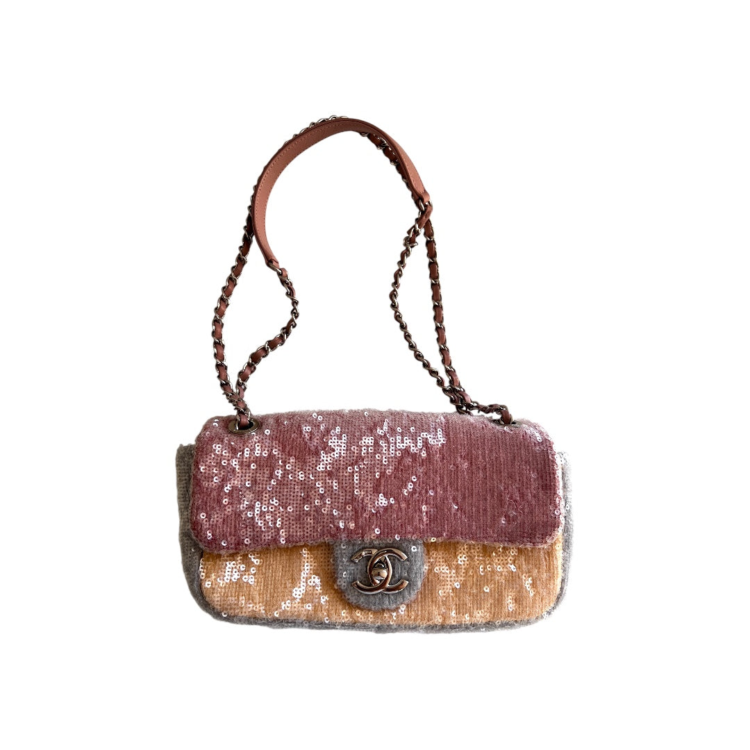 Chanel Small Flap Bag with Waterfall Sequin Design - Elegant Evening Clutch for Parties, Weddings & Special Events