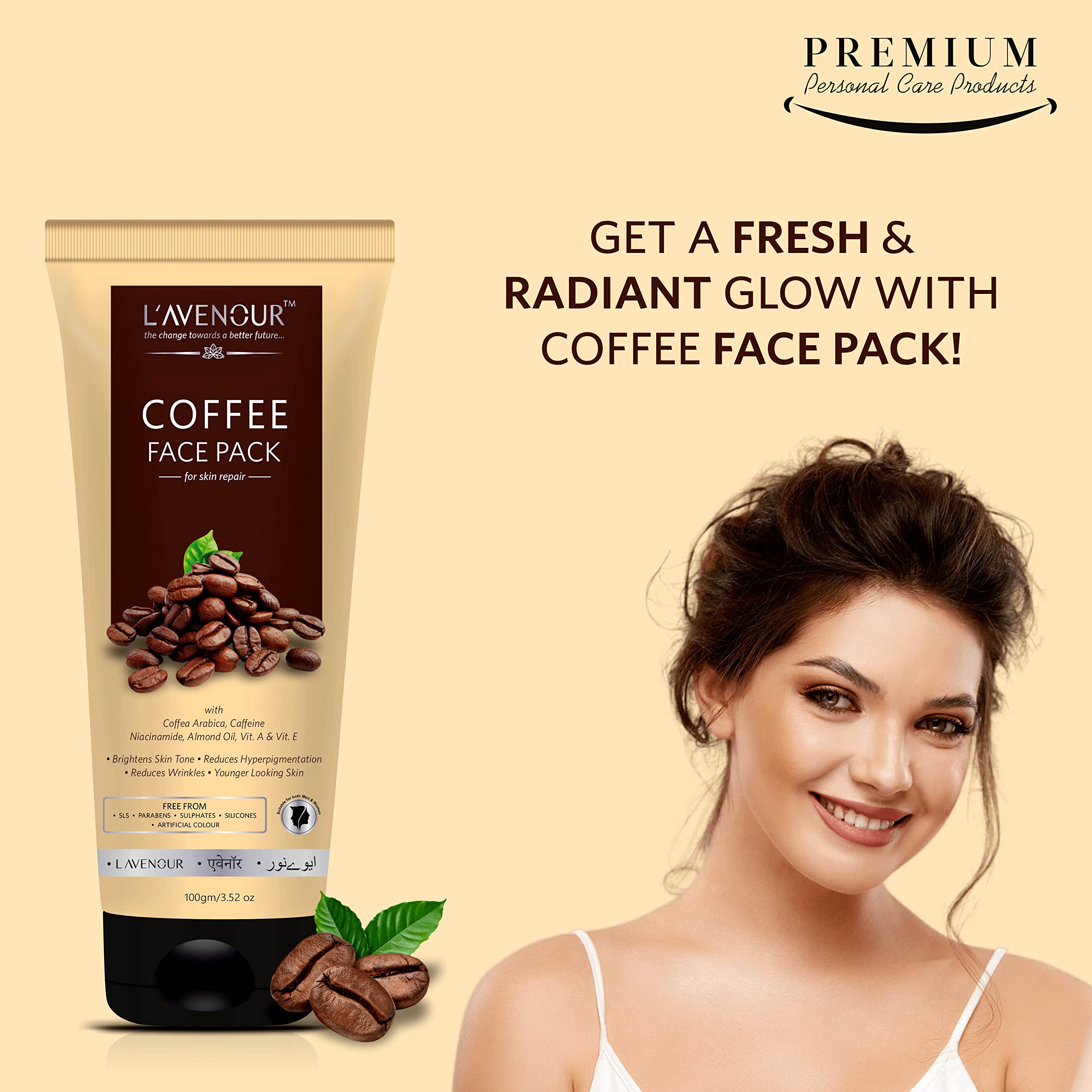 L'avenour Brightening Coffee Face Pack for Glowing Skin - Reduces Wrinkles & Hyperpigmentation, 100g | Natural Skincare for Daily Use & Spa Treatments