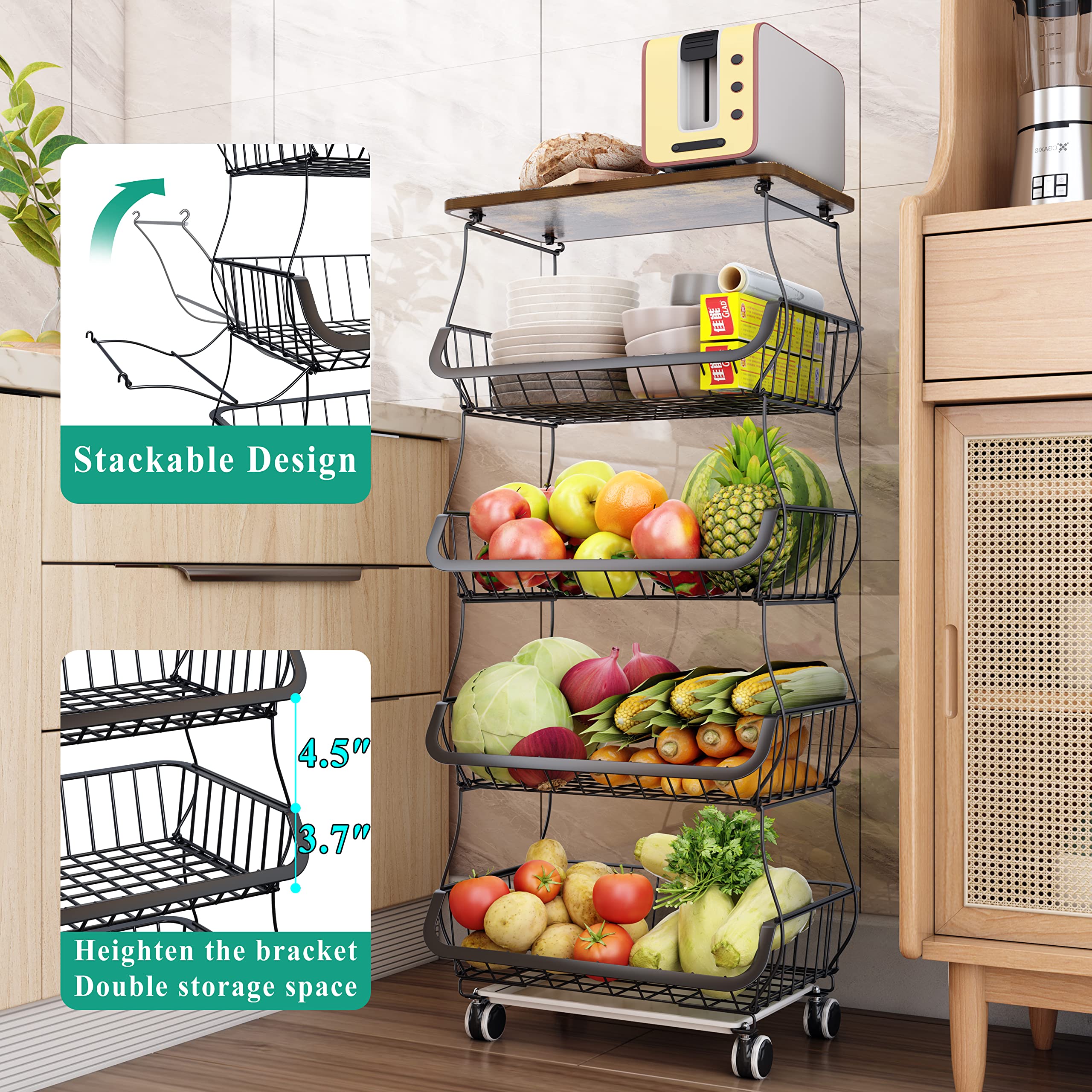Wooden Top Metal Wire Basket Stand - Stackable Kitchen Pantry Organizer for Fruits, Vegetables, Snacks, Jars & Containers | Black Storage Cart for Home, Office or Restaurant Use