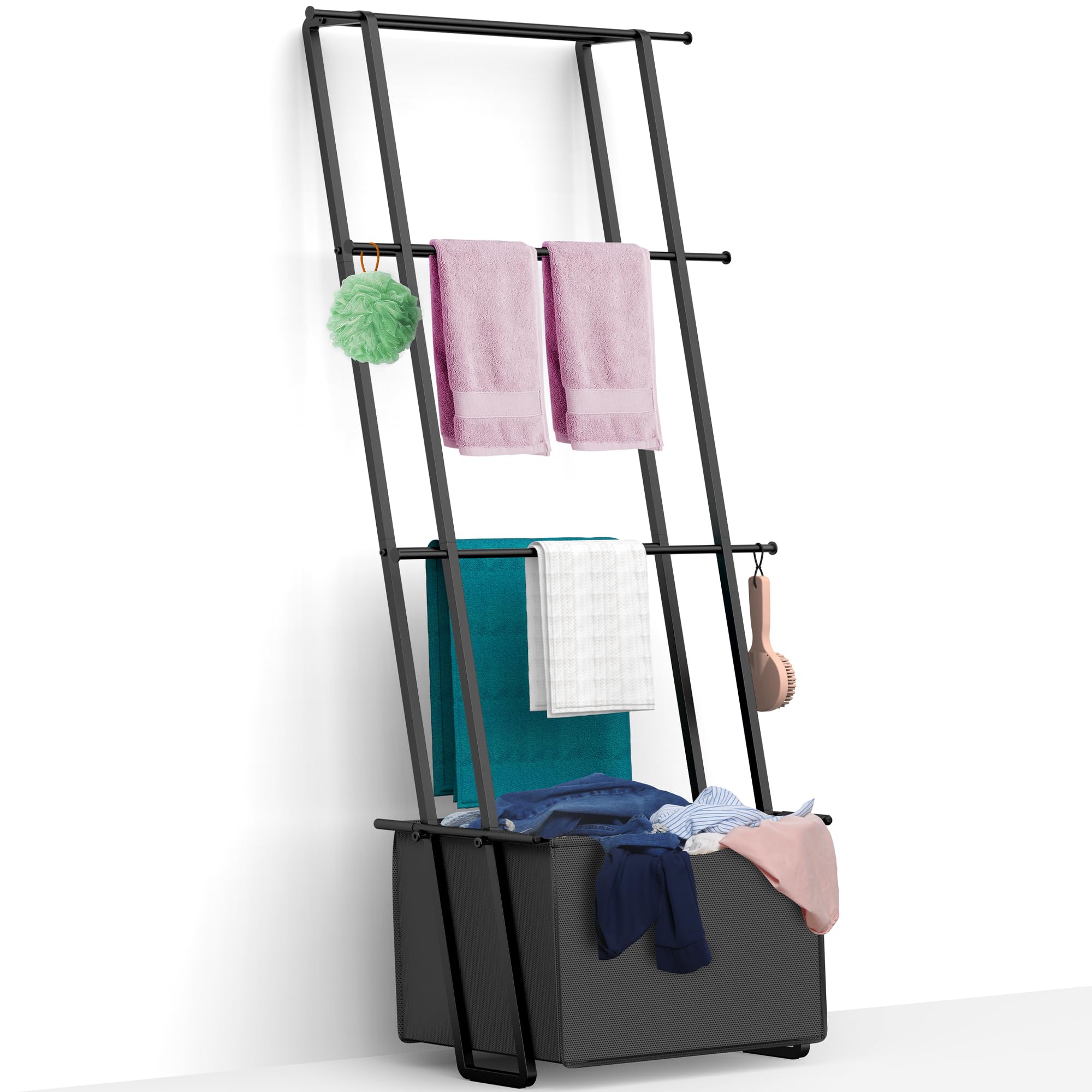 4-Tier Blanket Ladder Towel Rack with Basket - Wall Leaning Blanket Holder & Drying Rack for Living Room, Bathroom, Bedroom - Black with Storage Bag - Perfect for Organizing Blankets, Towels and Home Decor