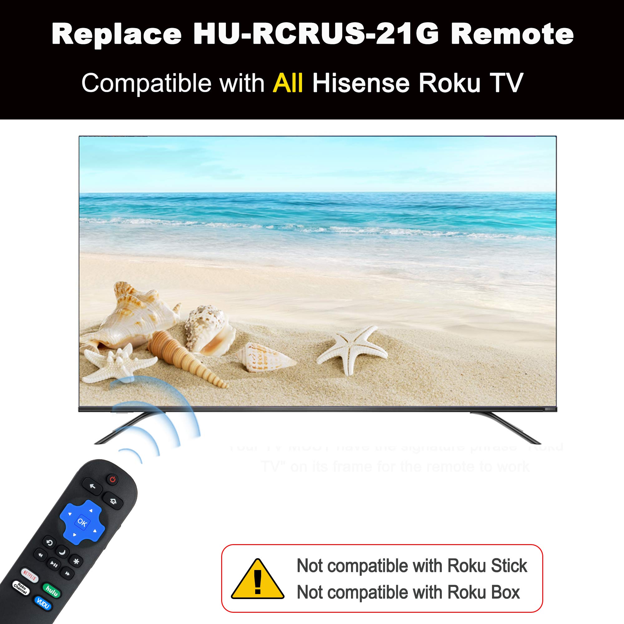 Hisense Roku TV Remote Replacement HU-RCRUS-21G - Universal Compatible with All Hisense Roku TVs, No Setup Required, 4 Shortcut Keys - Perfect for Living Room, Bedroom & Home Theater Entertainment