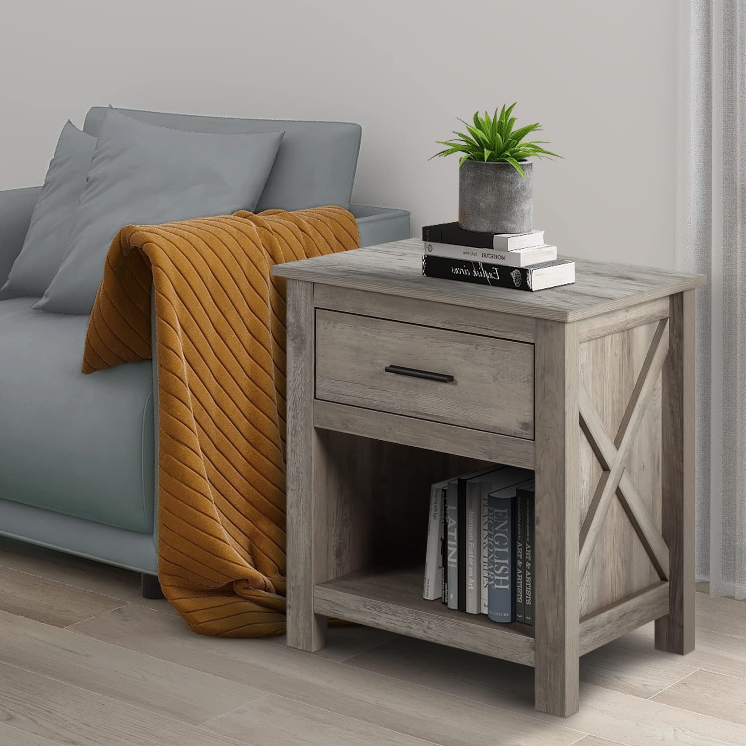 Farmhouse Bedroom Set with Fireplace - Grey Wooden Dresser & Nightstands, 7-Drawer Storage & 18