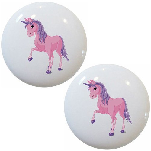 Set of 2 Pink & Purple Unicorn Ceramic Drawer Pull Knobs - Cute Cabinet Handles for Kids Room, Nursery, Dresser & Furniture Upgrade - Perfect for DIY Home Decor & Bedroom Makeover