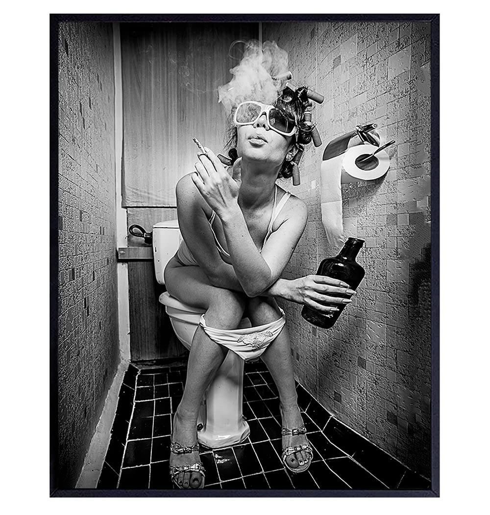 Funny Bathroom Wall Art - Unique Bar & Restroom Decor - 8x10 Woman Smoking & Drinking Alcohol Print - Perfect for Guest Bathroom, Powder Room & Man Cave Decor - Ideal for Home, Office or Pub Wall Decoration