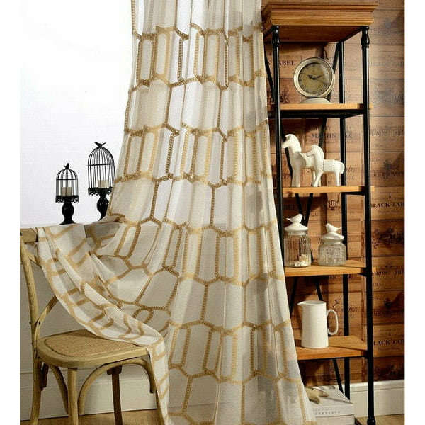 Brittany Golden Honeycomb Embroidery Sheer Curtains - Elegant Window Treatment for Living Room, Bedroom & Dining Room Decor