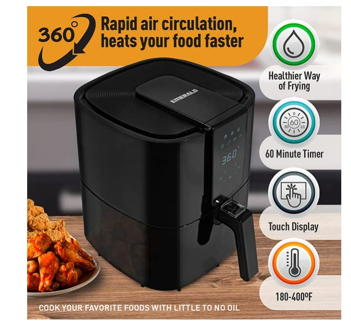 Emerald 1800W Digital Air Fryer with LED Touch Display, 5.2L Detachable Basket & Slide-Out Pan - Perfect for Healthy Frying, Roasting, Baking & Reheating - Ideal for Families, Meal Prep & Quick Snacks